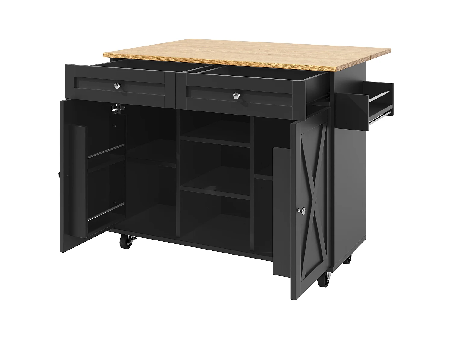 Desserte de cuisine noire avec 2 tiroirs et 2 portes, plateau en bois - pour salon et cuisine