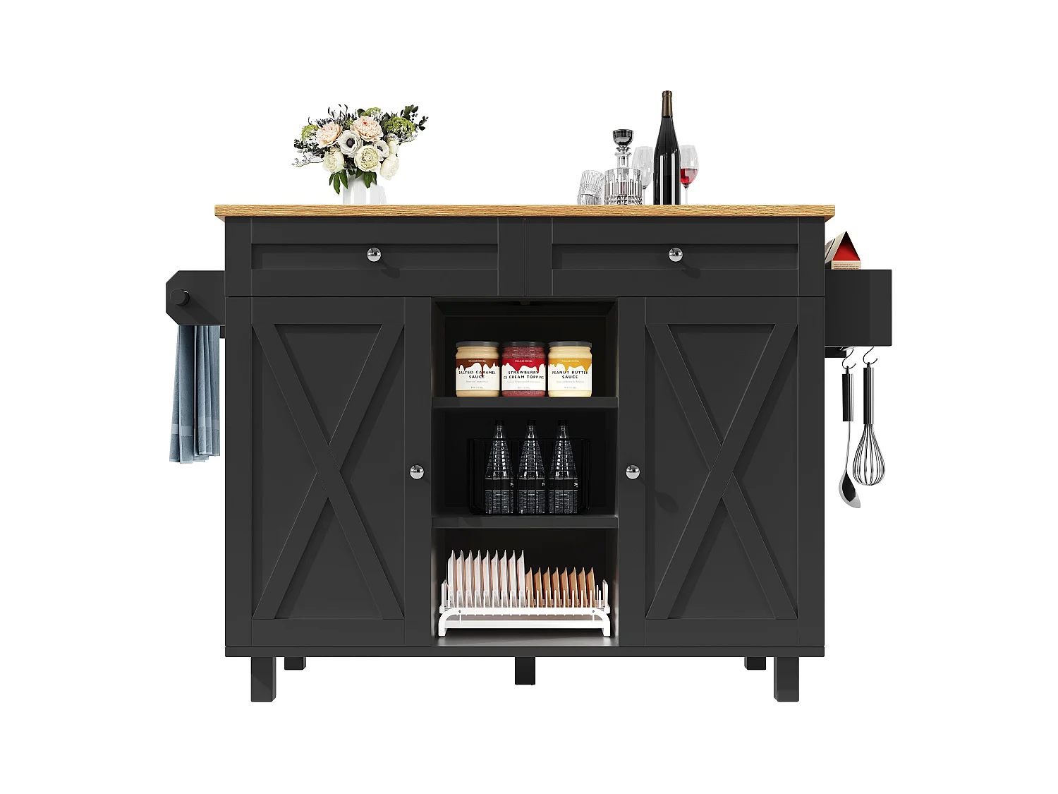 Desserte de cuisine noire avec 2 tiroirs et 2 portes, plateau en bois - pour salon et cuisine