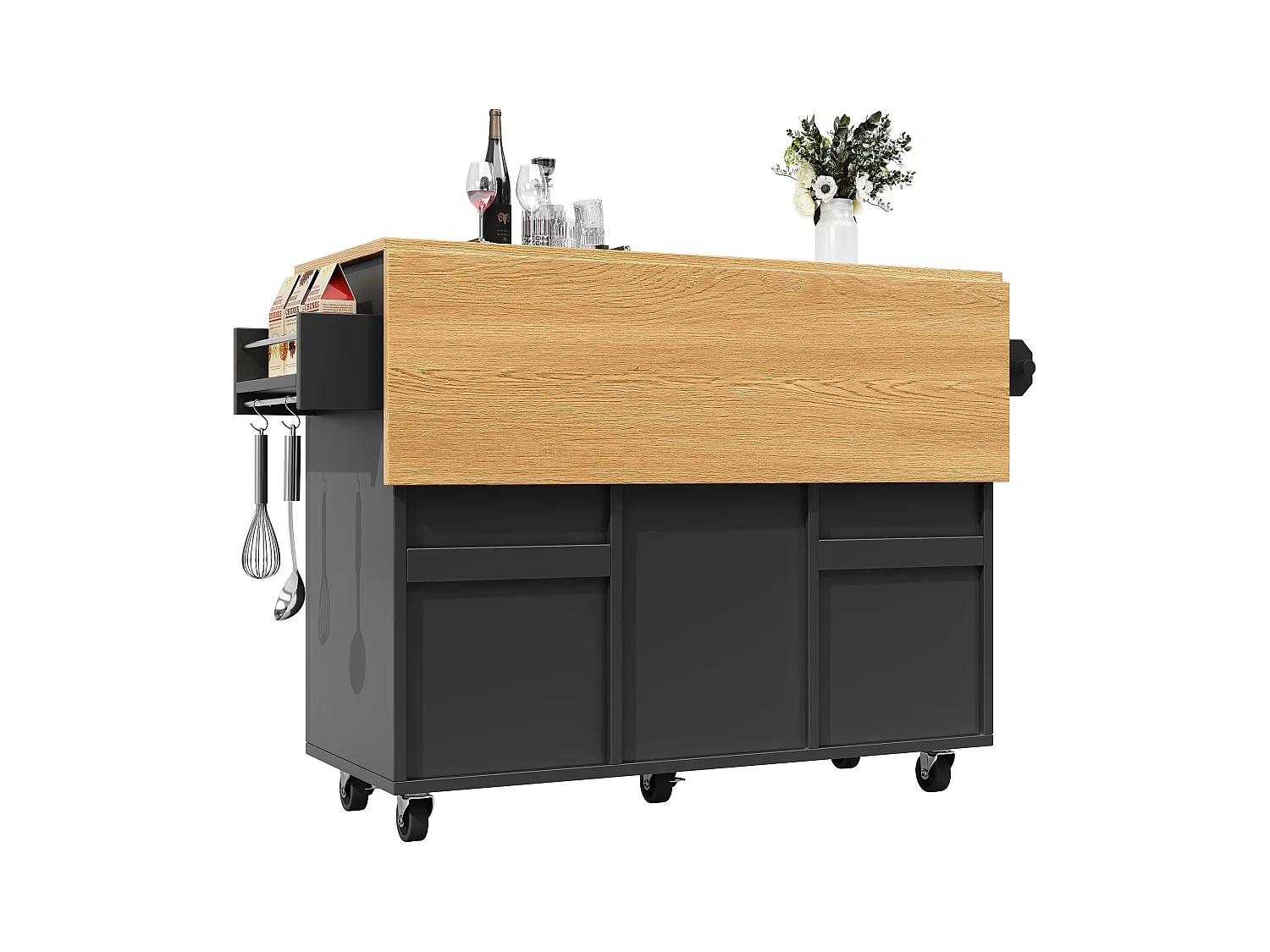 Desserte de cuisine noire avec 2 tiroirs et 2 portes, plateau en bois - pour salon et cuisine