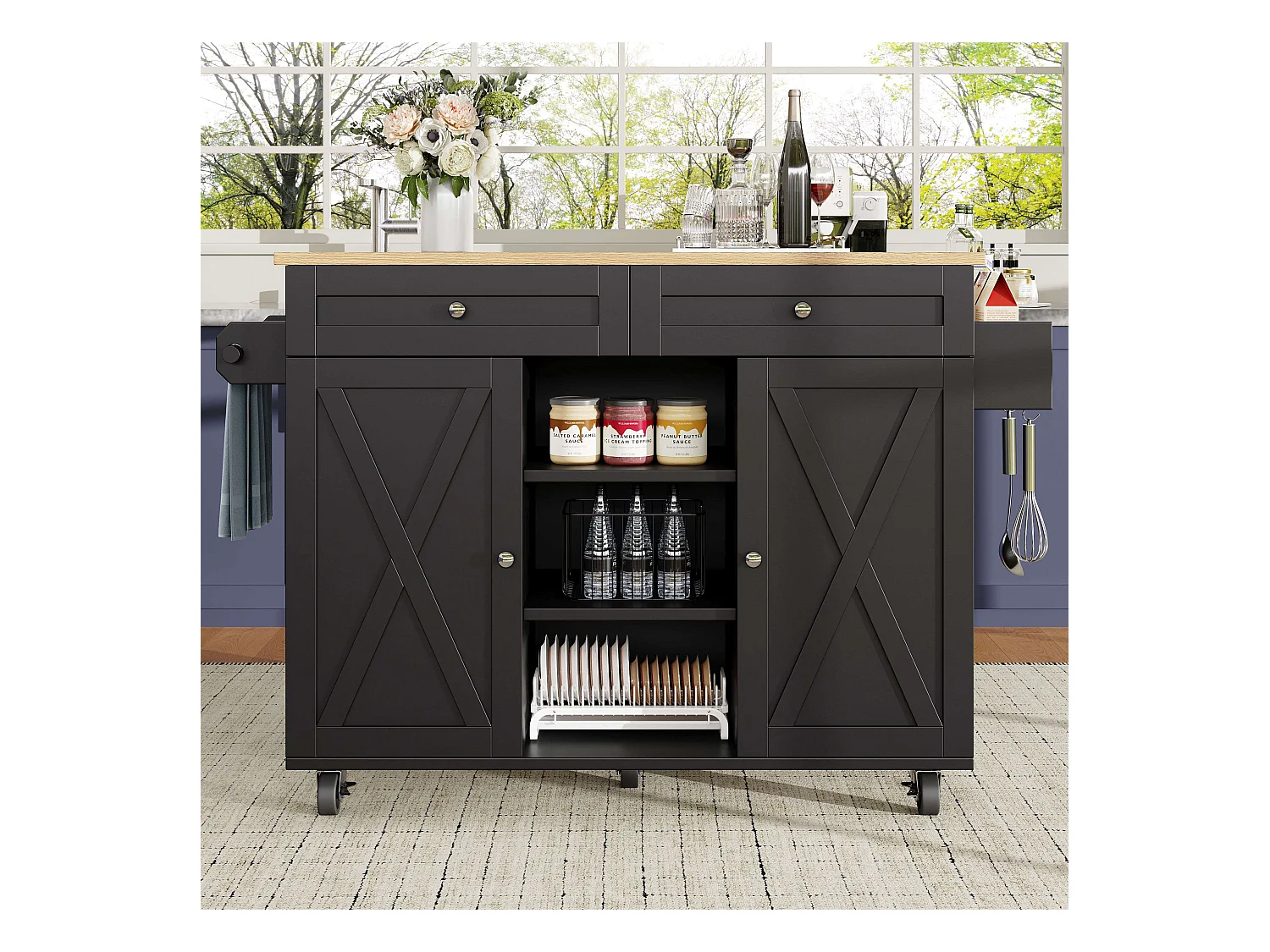 Desserte de cuisine noire avec 2 tiroirs et 2 portes, plateau en bois - pour salon et cuisine