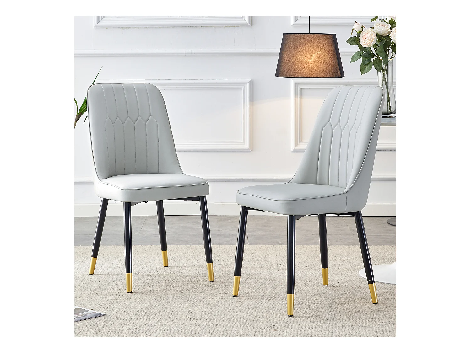 Lot de 2 chaises de salle à manger en PU avec dossier rembourré et pieds en métal - gris clair