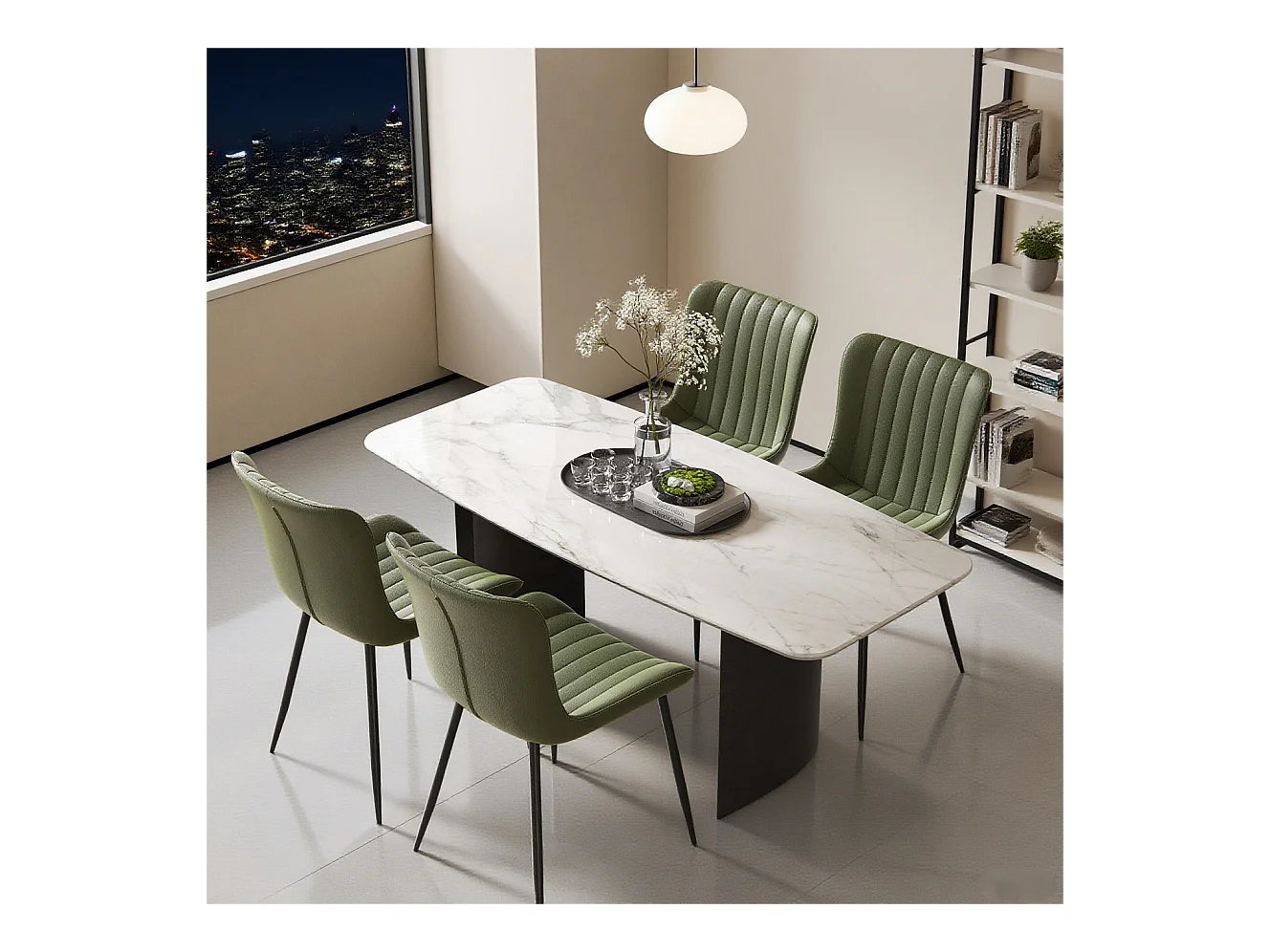 Lot de 4 chaises de salle à manger en PU vert avec pieds en métal noir - style moderne