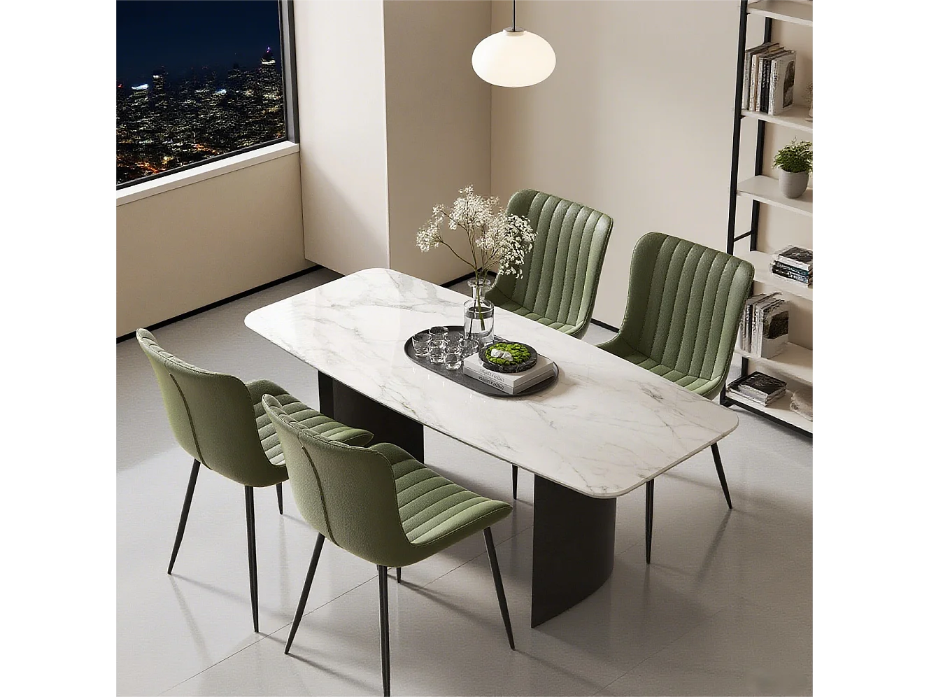 Lot de 4 chaises de salle à manger en PU vert avec pieds en métal noir - style moderne