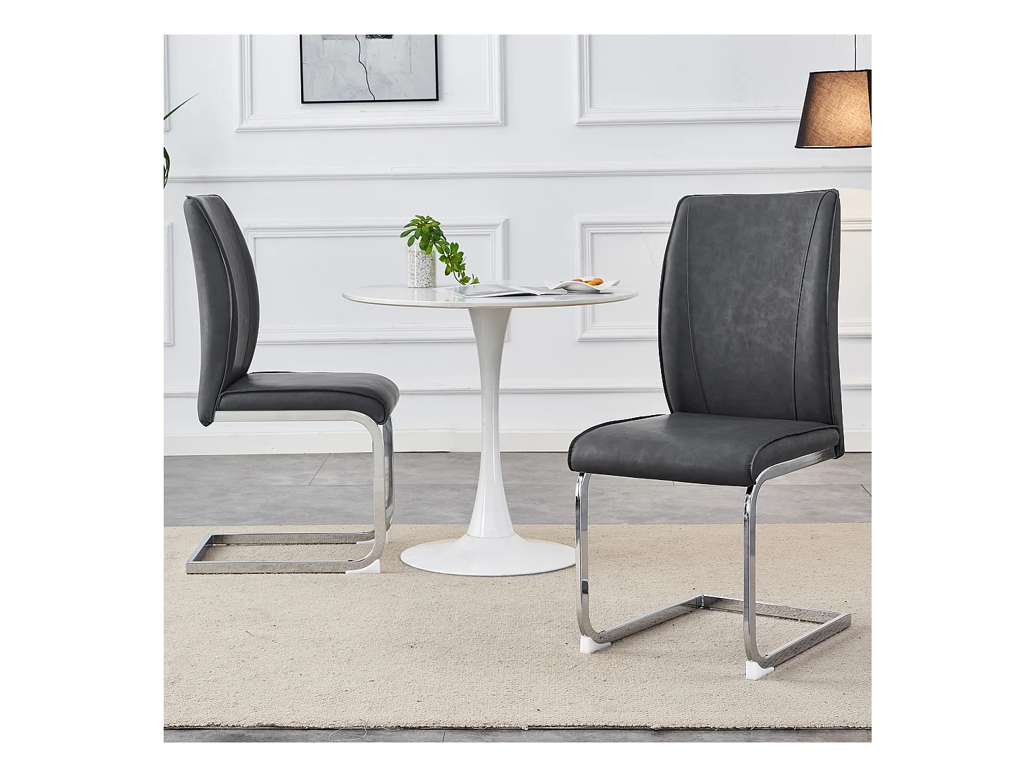 Lot de 2 chaises en PU gris avec dossier et pieds en métal argenté - pour salon et salle à manger