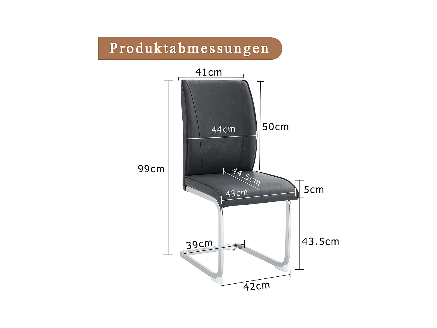 Lot de 2 chaises en PU gris avec dossier et pieds en métal argenté - pour salon et salle à manger