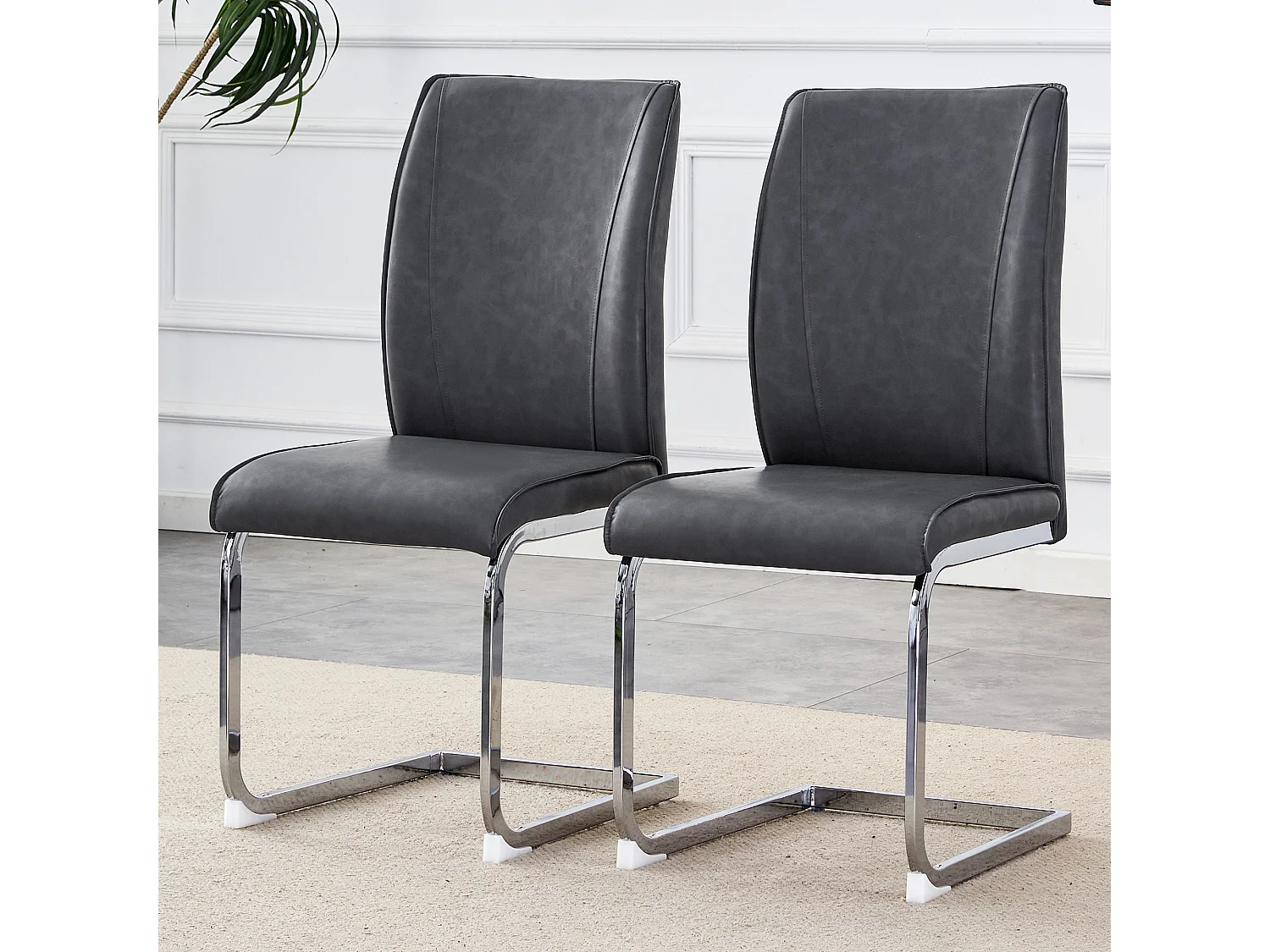 Set van 2 stoelen in grijs PU met rugleuning en zilverkleurige metalen poten - voor woonkamer en eetkamer