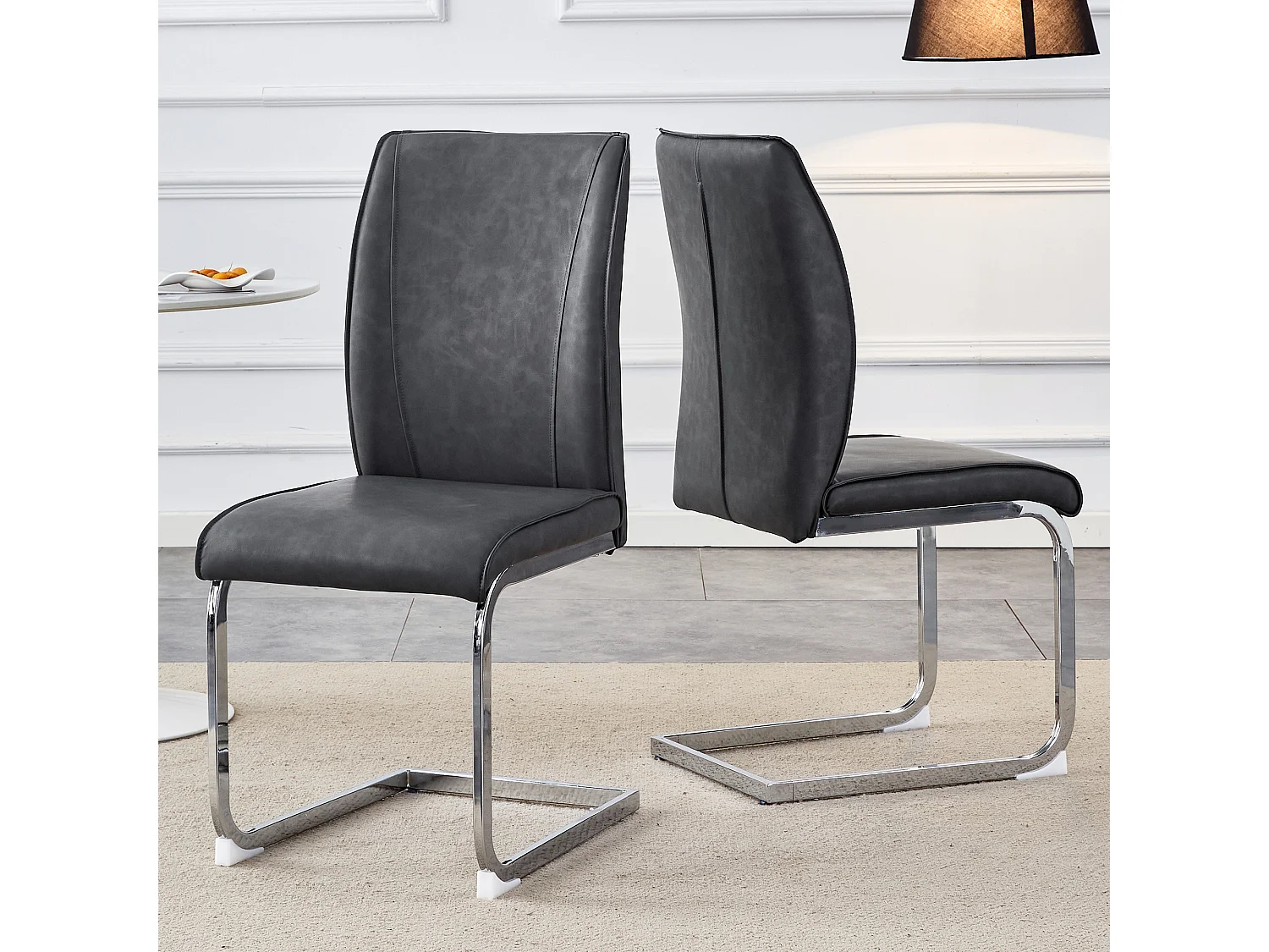 Set van 2 stoelen in grijs PU met rugleuning en zilverkleurige metalen poten - voor woonkamer en eetkamer