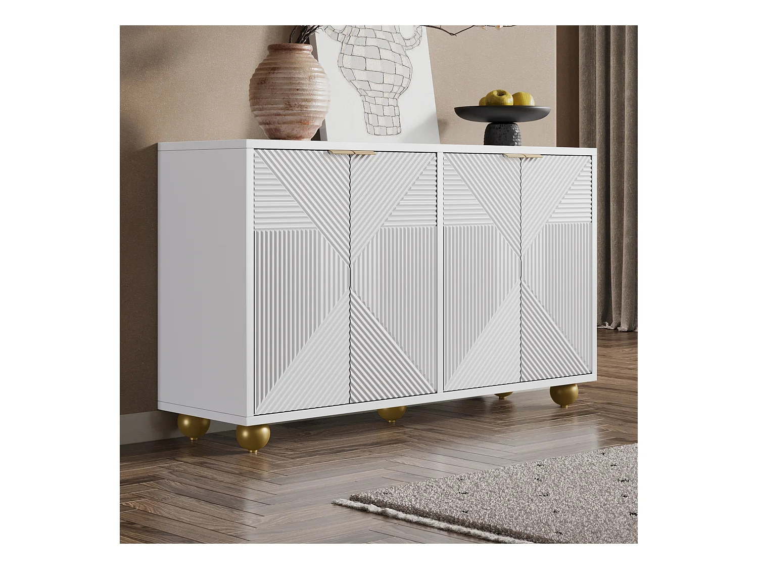 Buffet blanc avec 4 portes texturées, étagères intérieures réglables et pieds boule dorés
