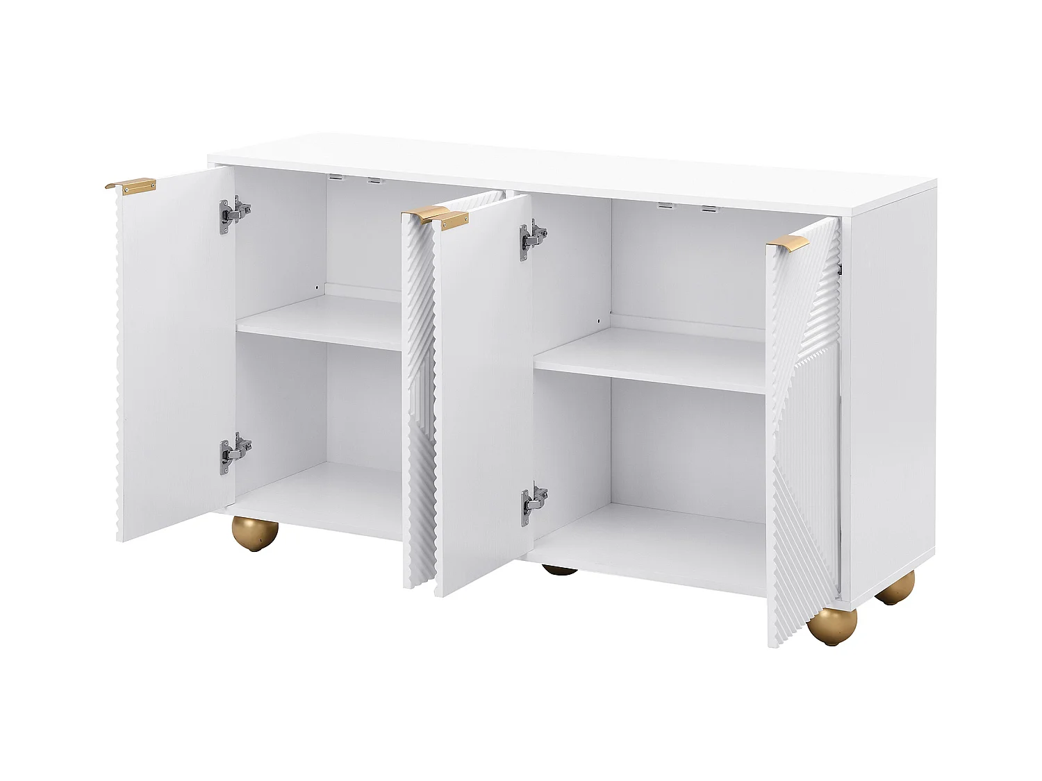 Buffet blanc avec 4 portes texturées, étagères intérieures réglables et pieds boule dorés
