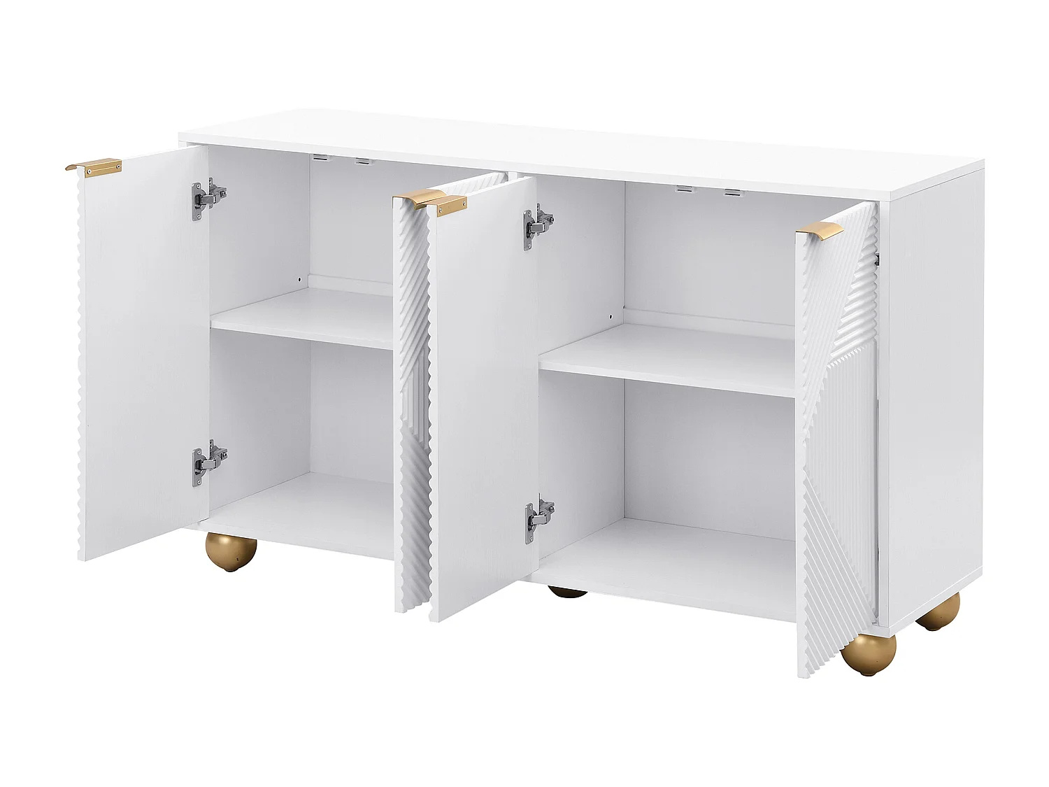 Aparador blanco con 4 puertas texturizadas, estantes interiores ajustables y patas esféricas doradas