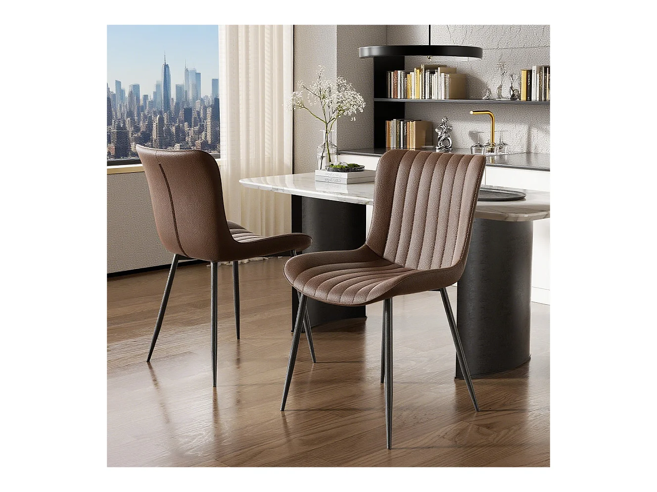 Lot de 2 chaises de salle à manger en PU marron avec pieds en métal noir - style moderne