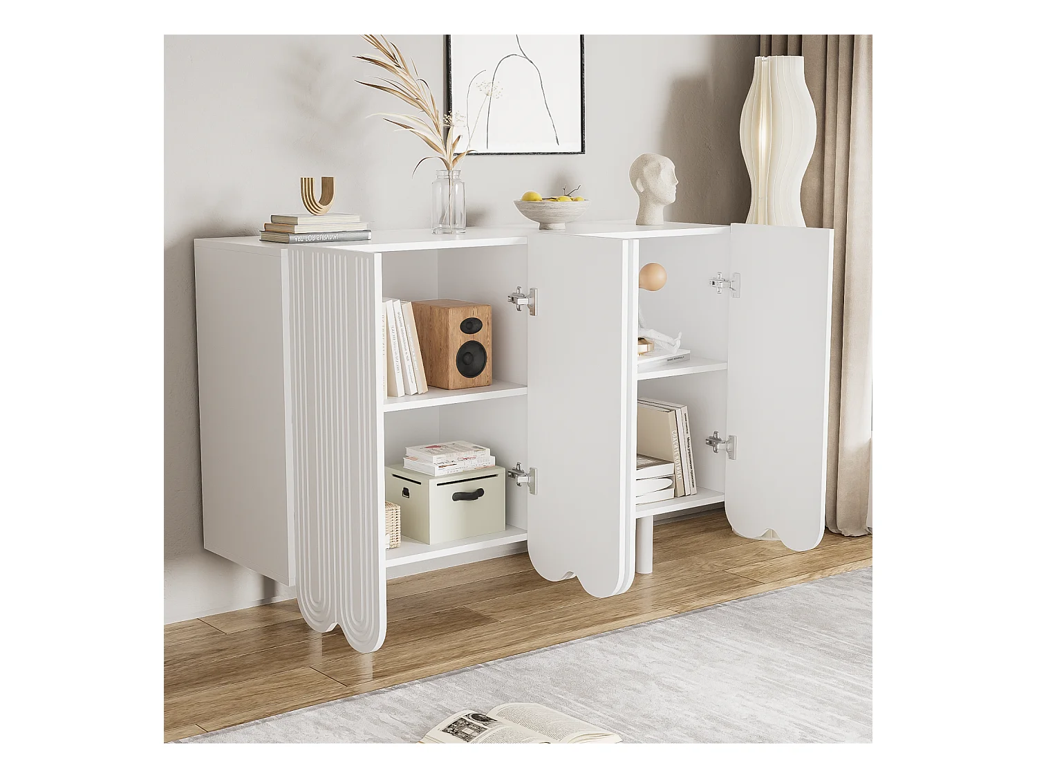 Buffet blanc avec 4 portes texturées et pieds cylindriques - pour salon et salles à manger