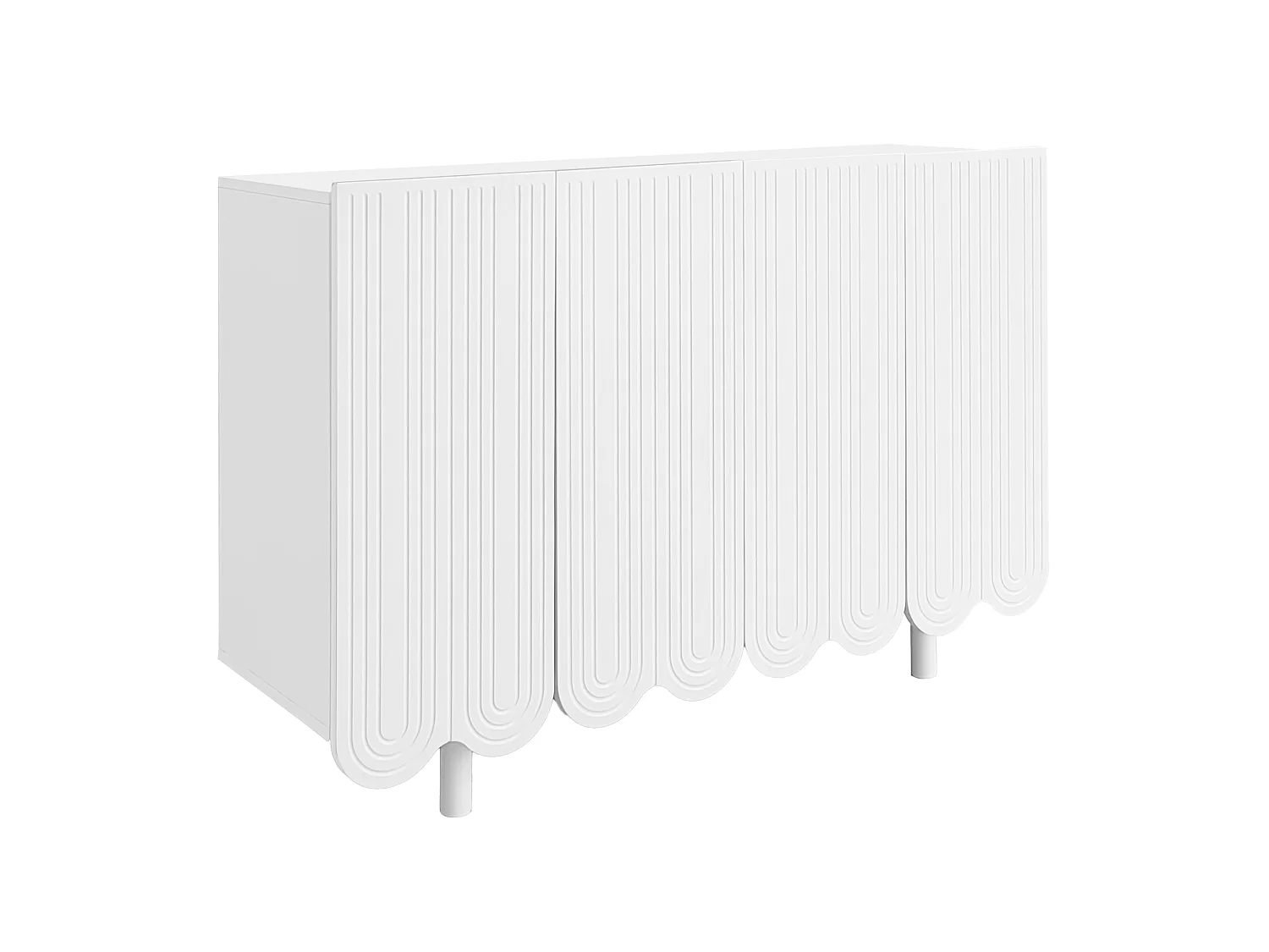 Buffet blanc avec 4 portes texturées et pieds cylindriques - pour salon et salles à manger