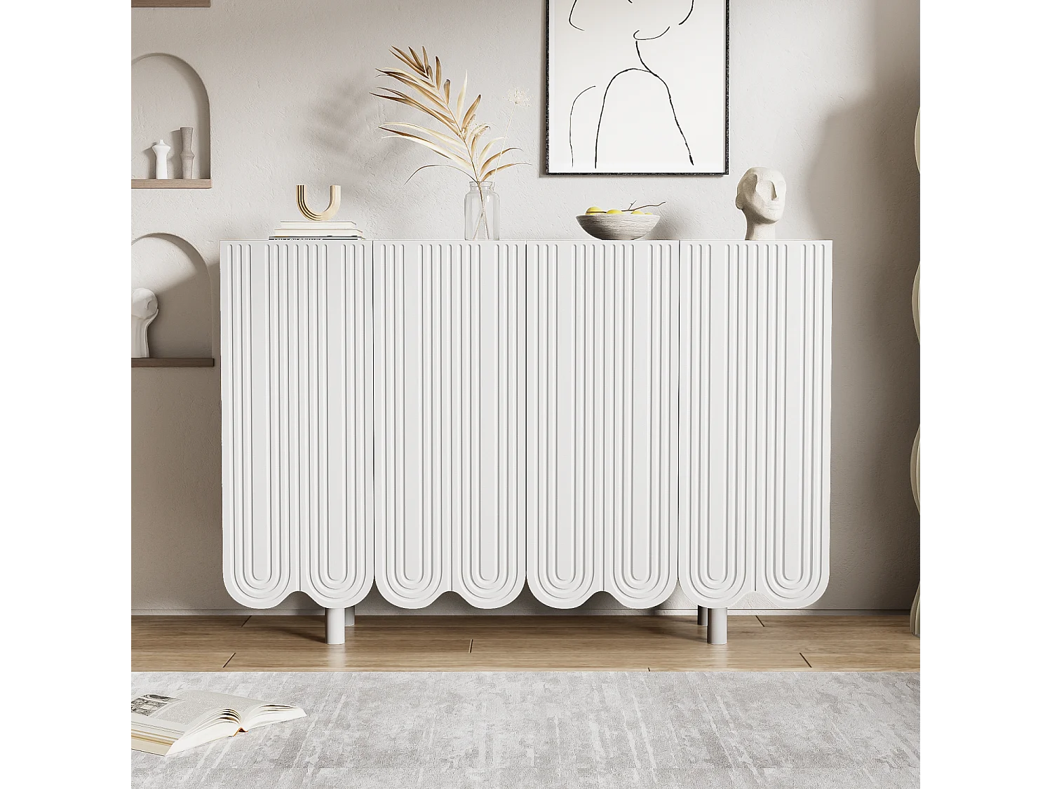 Buffet blanc avec 4 portes texturées et pieds cylindriques - pour salon et salles à manger