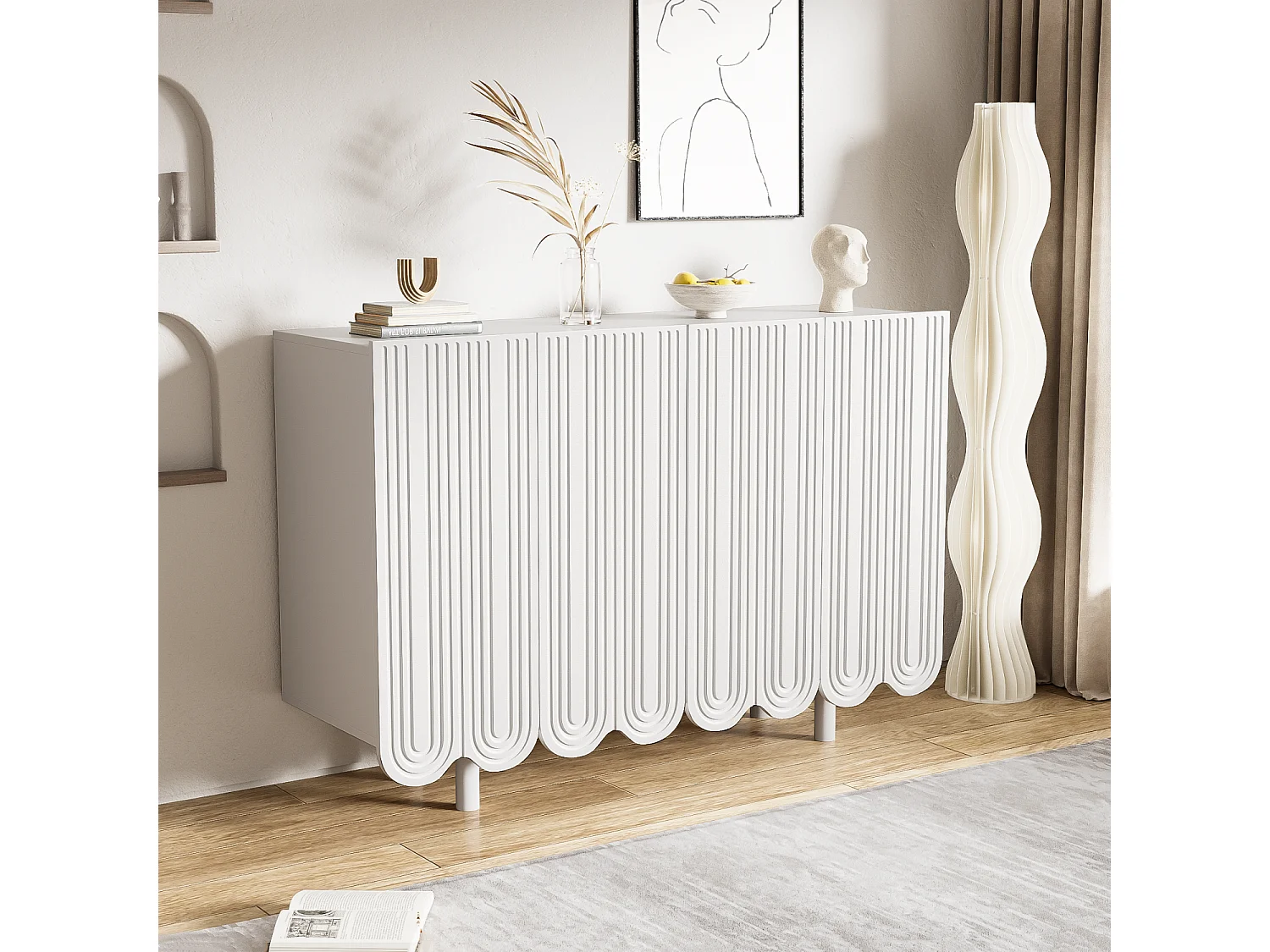 Buffet blanc avec 4 portes texturées et pieds cylindriques - pour salon et salles à manger