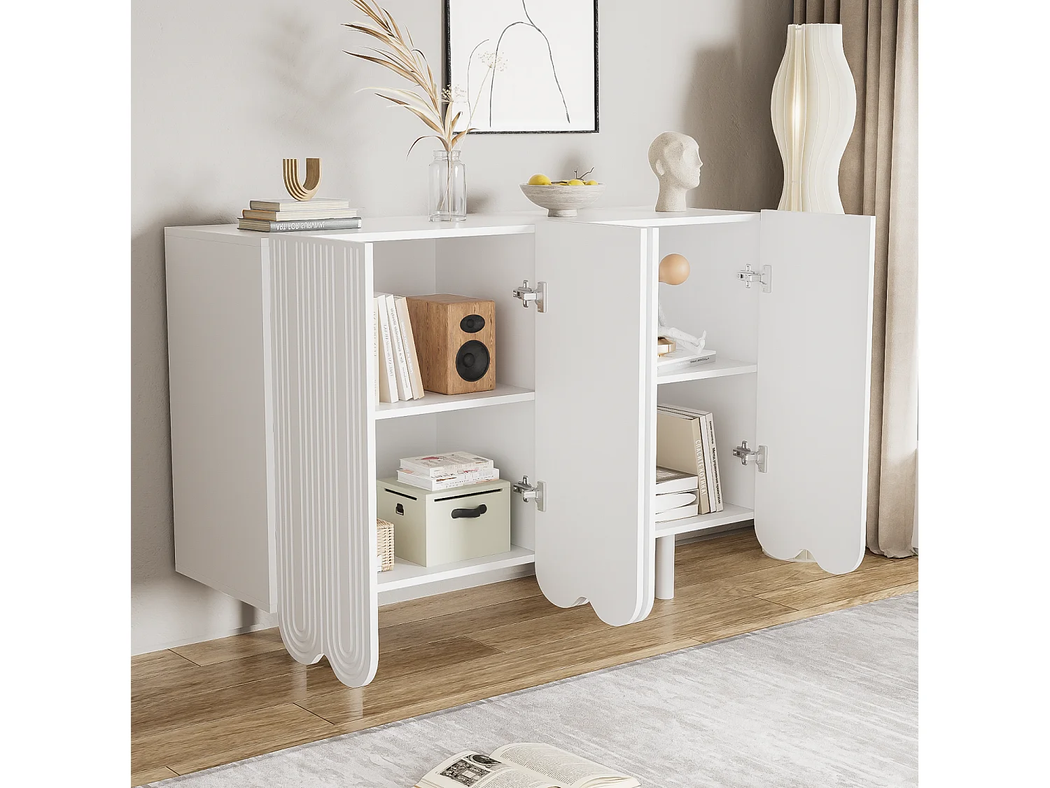 Buffet blanc avec 4 portes texturées et pieds cylindriques - pour salon et salles à manger