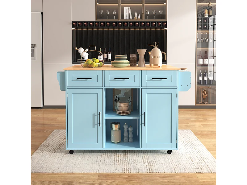 Desserte bleue avec plateau en bois, 3 tiroirs et 2 portes - pour salle à manger et cuisine