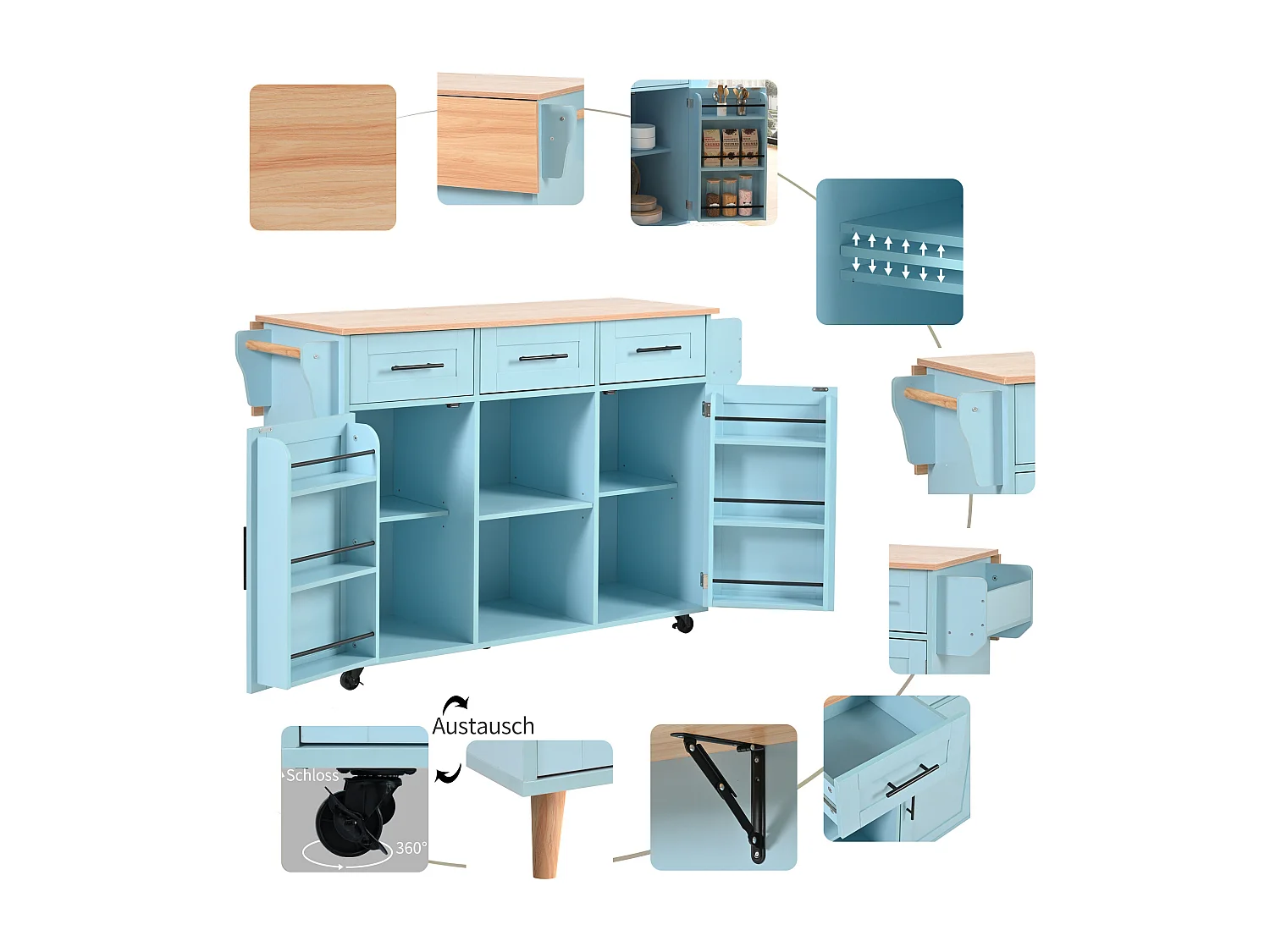 Desserte bleue avec plateau en bois, 3 tiroirs et 2 portes - pour salle à manger et cuisine