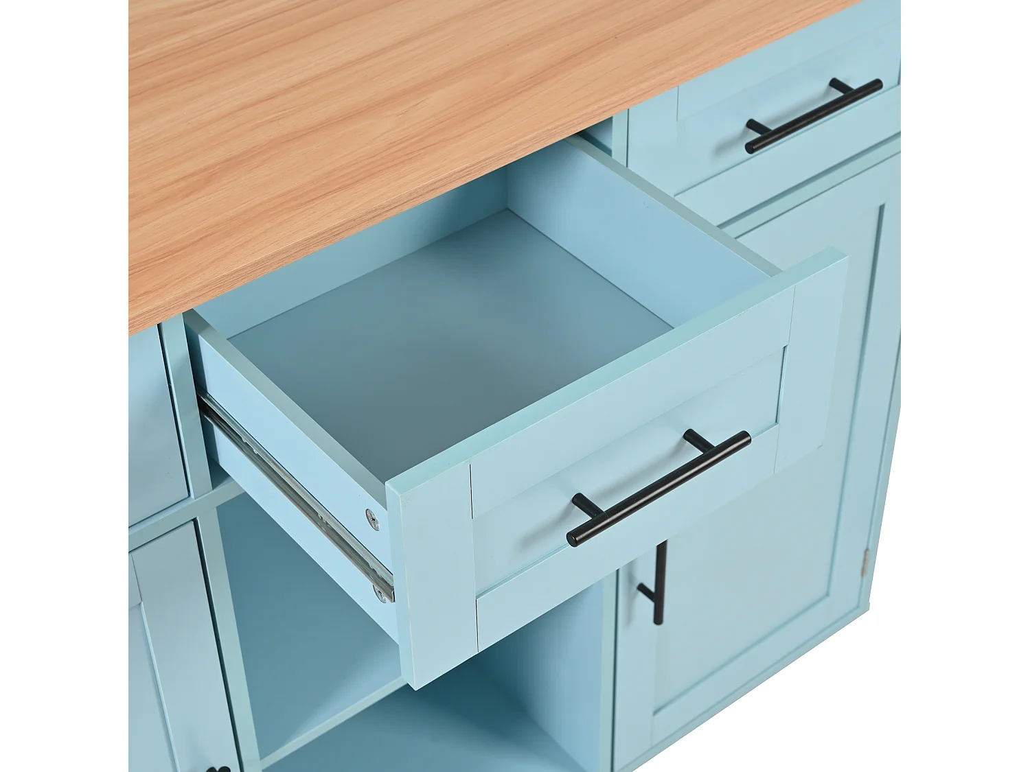 Desserte bleue avec plateau en bois, 3 tiroirs et 2 portes - pour salle à manger et cuisine