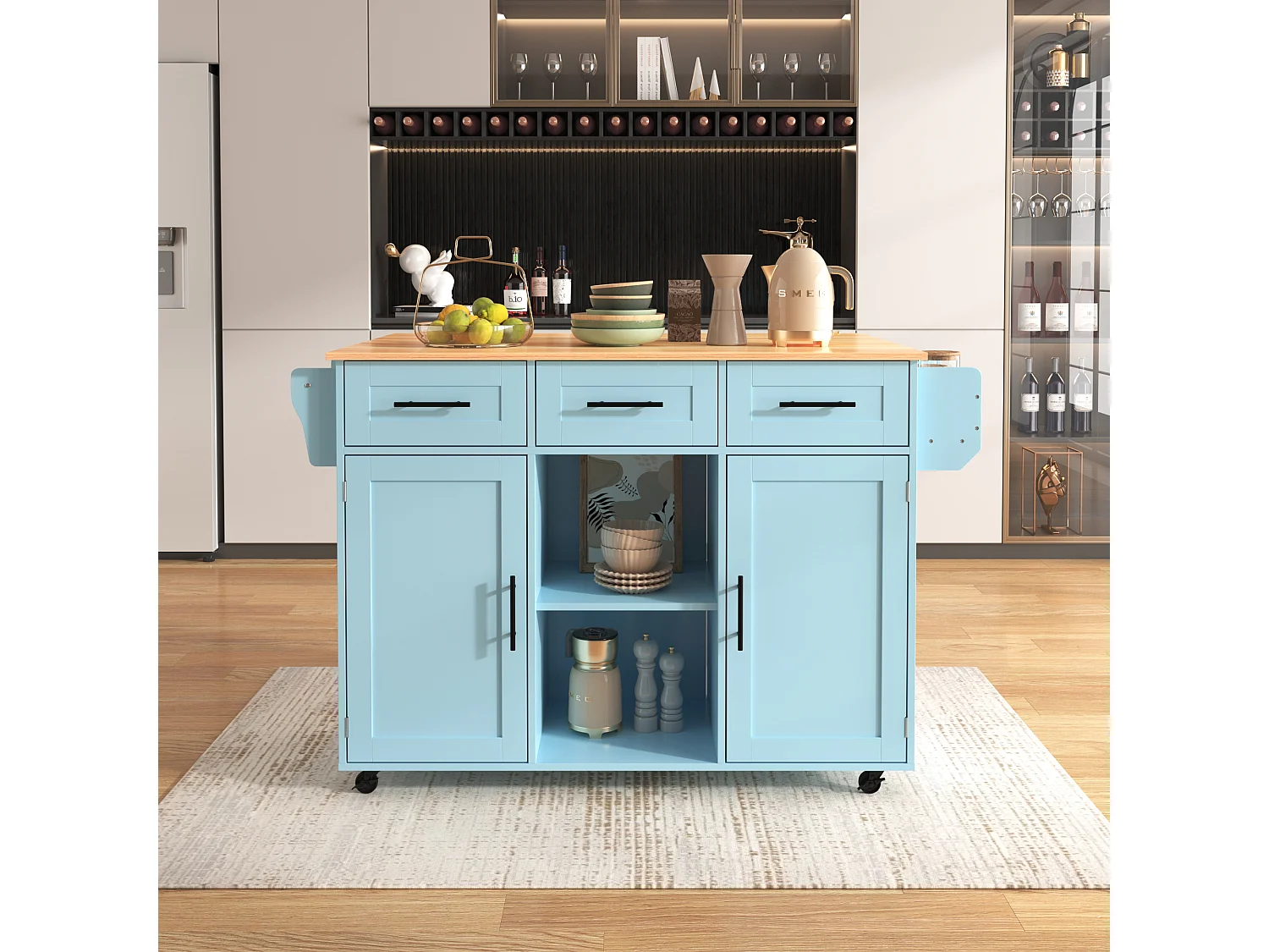 Desserte bleue avec plateau en bois, 3 tiroirs et 2 portes - pour salle à manger et cuisine