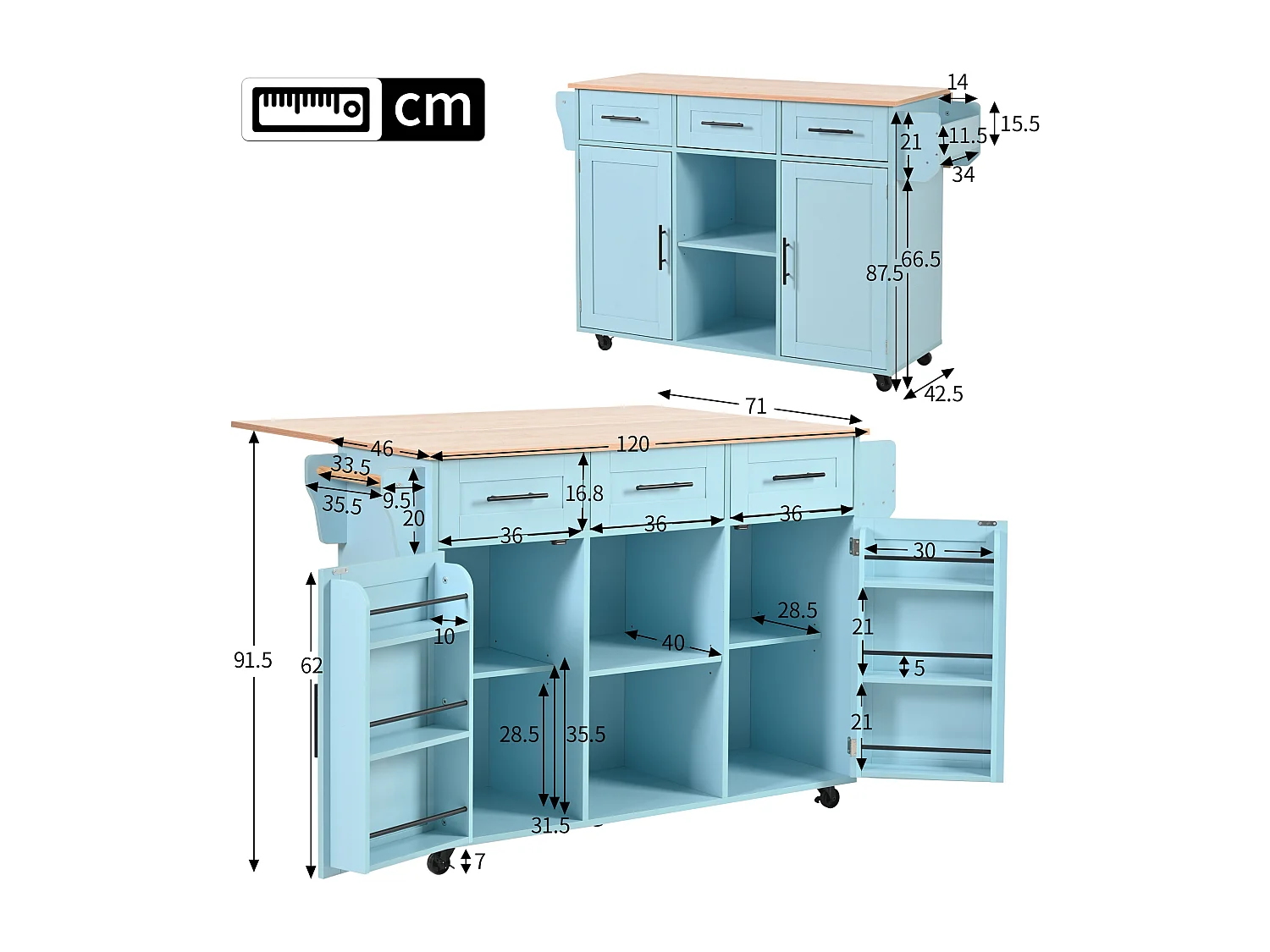 Desserte bleue avec plateau en bois, 3 tiroirs et 2 portes - pour salle à manger et cuisine