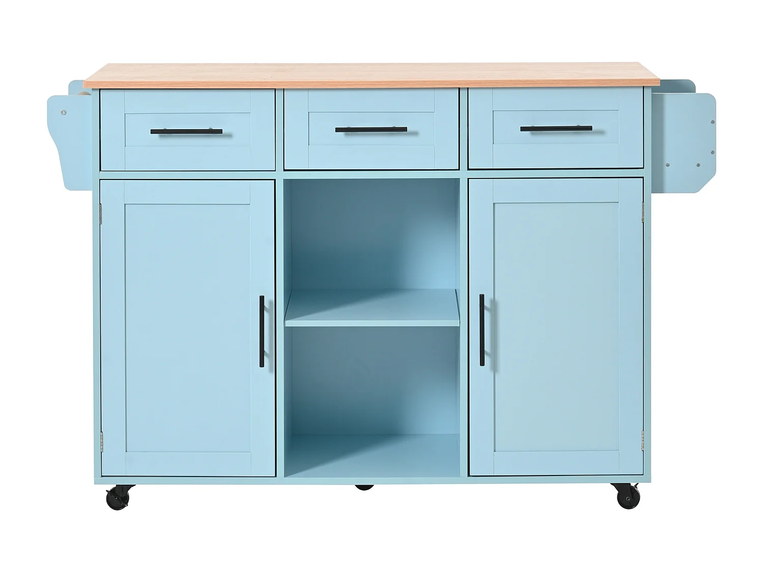 Desserte bleue avec plateau en bois, 3 tiroirs et 2 portes - pour salle à manger et cuisine