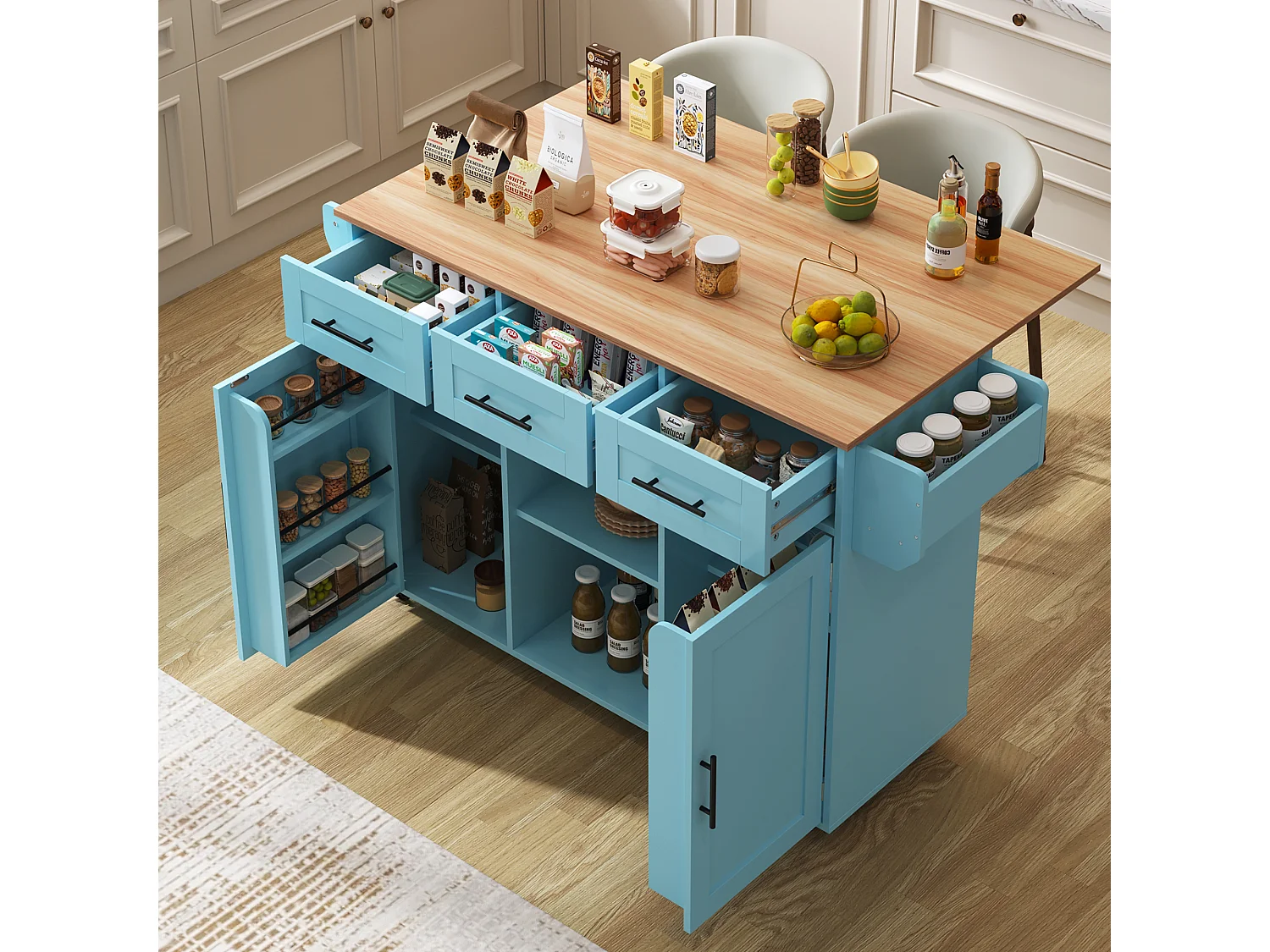 Desserte bleue avec plateau en bois, 3 tiroirs et 2 portes - pour salle à manger et cuisine