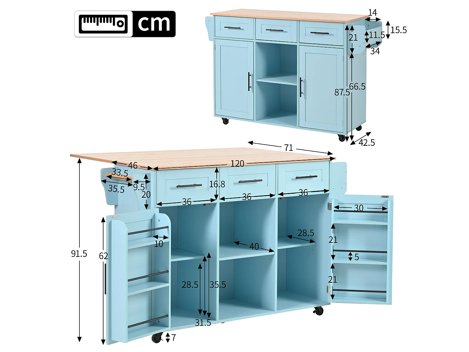 Desserte bleue avec plateau en bois, 3 tiroirs et 2 portes - pour salle à manger et cuisine