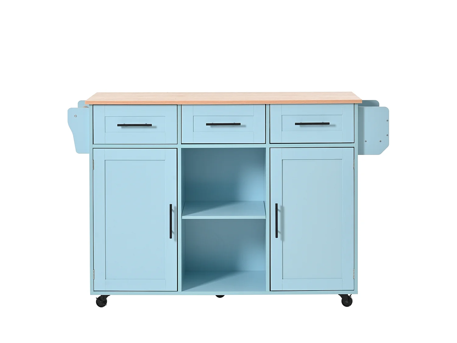 Desserte bleue avec plateau en bois, 3 tiroirs et 2 portes - pour salle à manger et cuisine