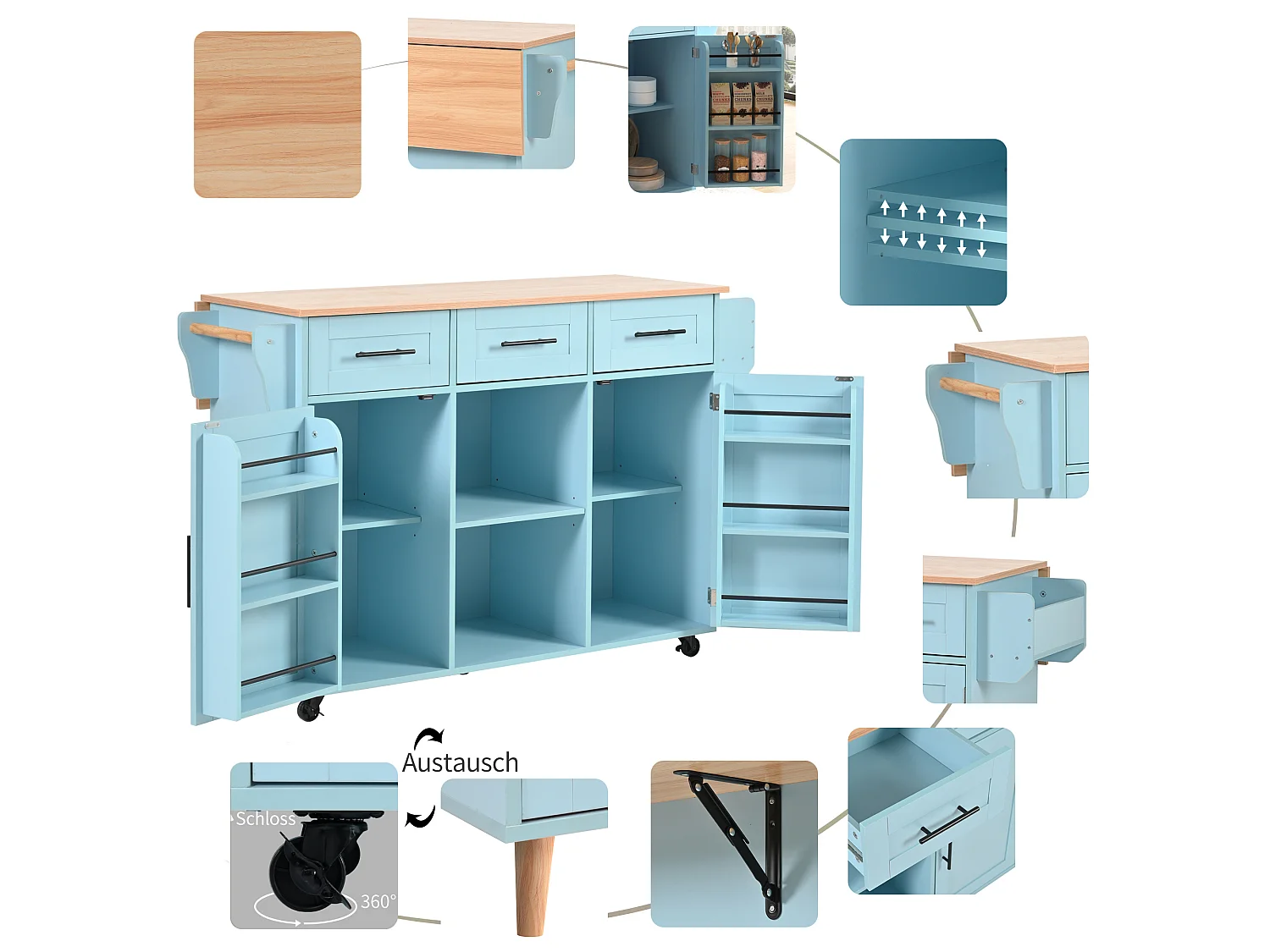 Desserte bleue avec plateau en bois, 3 tiroirs et 2 portes - pour salle à manger et cuisine