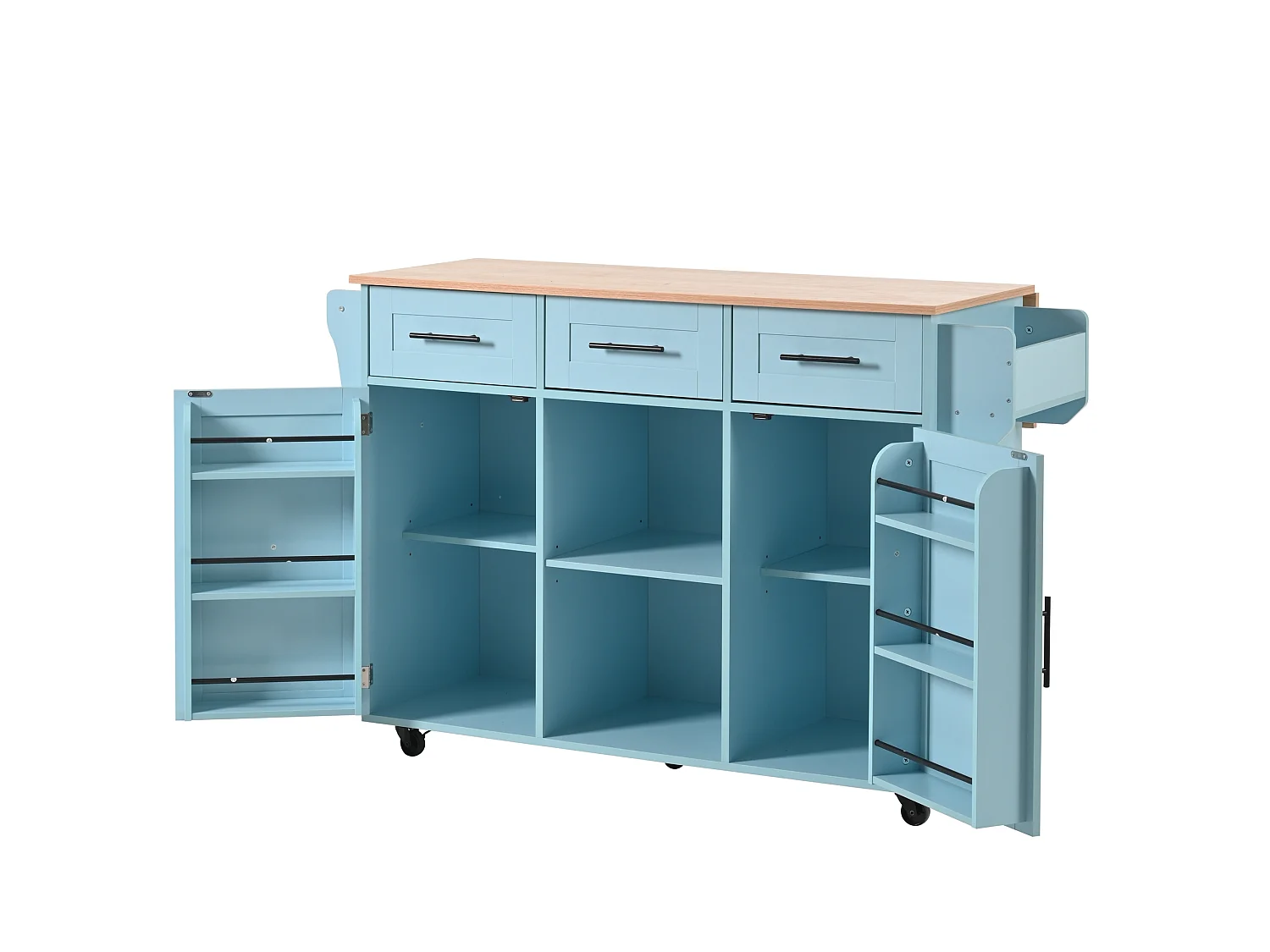 Desserte bleue avec plateau en bois, 3 tiroirs et 2 portes - pour salle à manger et cuisine