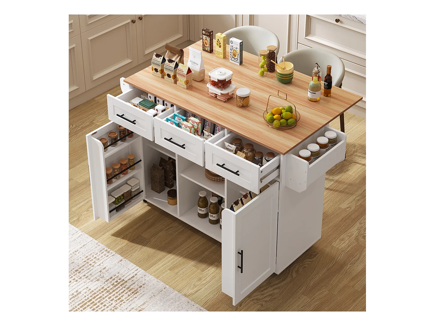 Desserte blanche avec plateau en bois, 3 tiroirs et 2 portes - pour salle à manger et cuisine