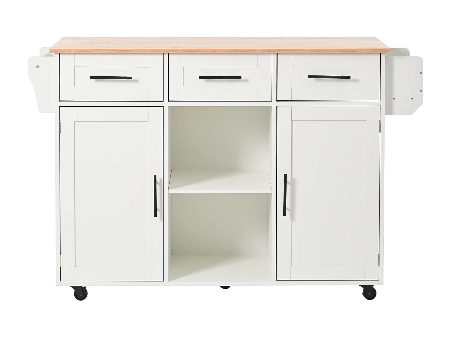 Desserte blanche avec plateau en bois, 3 tiroirs et 2 portes - pour salle à manger et cuisine