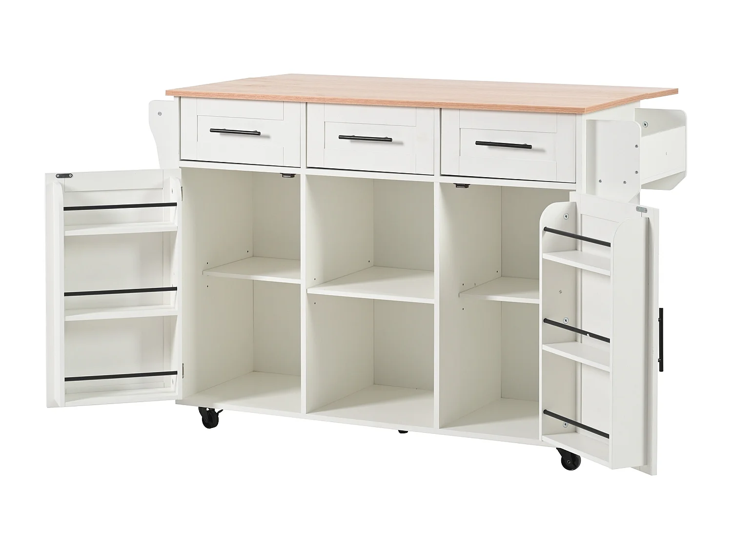 Desserte blanche avec plateau en bois, 3 tiroirs et 2 portes - pour salle à manger et cuisine