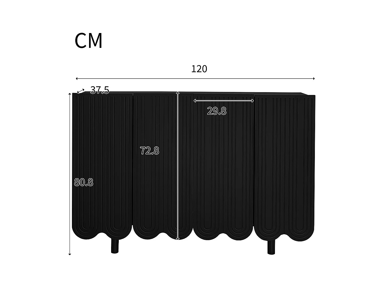 Buffet noir avec 4 portes texturées et pieds cylindriques - pour salon et salle à manger