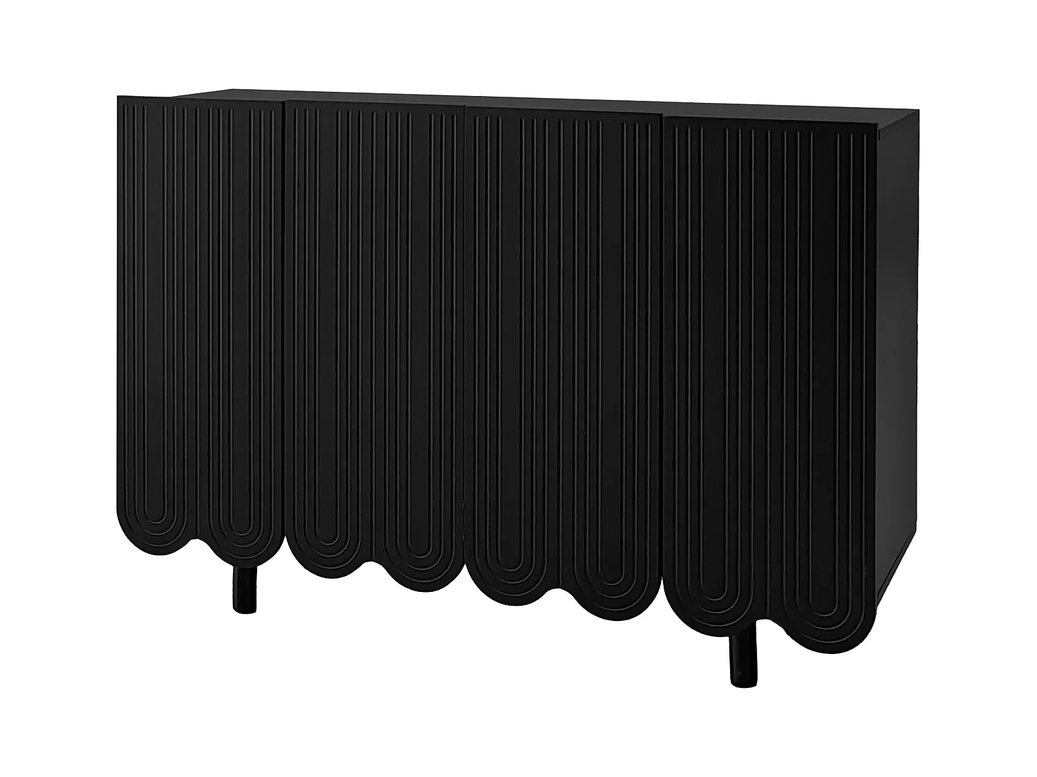 Buffet noir avec 4 portes texturées et pieds cylindriques - pour salon et salle à manger
