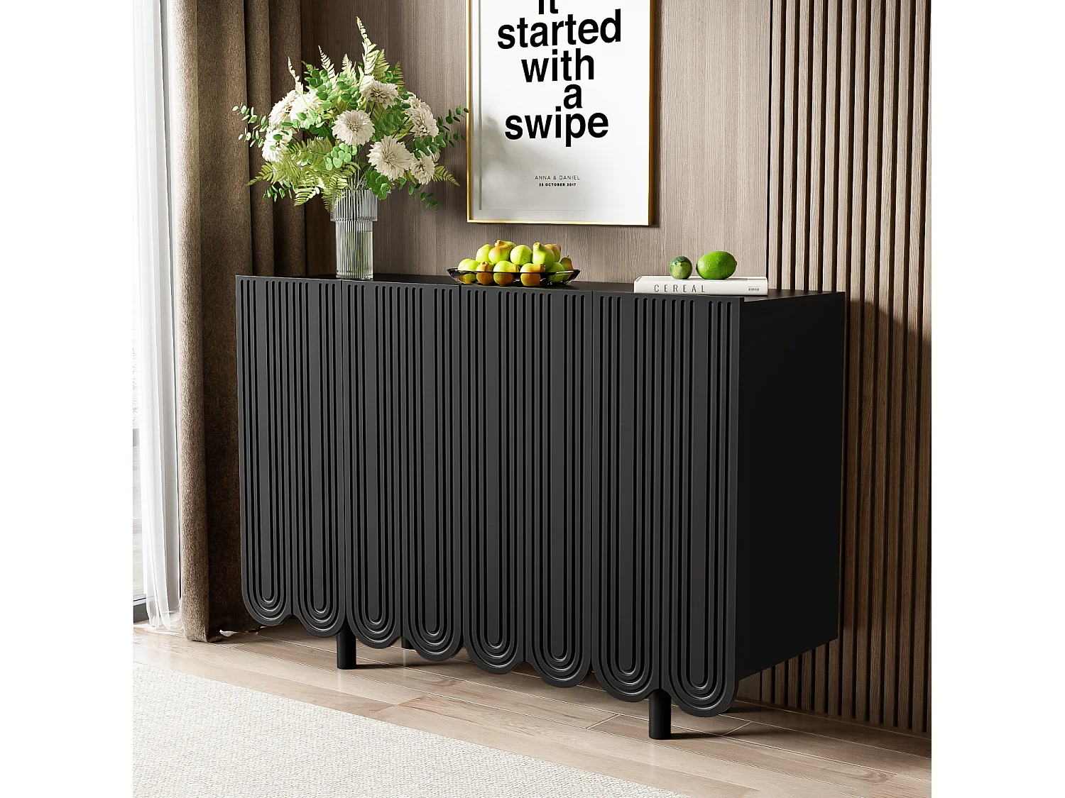 Buffet noir avec 4 portes texturées et pieds cylindriques - pour salon et salle à manger