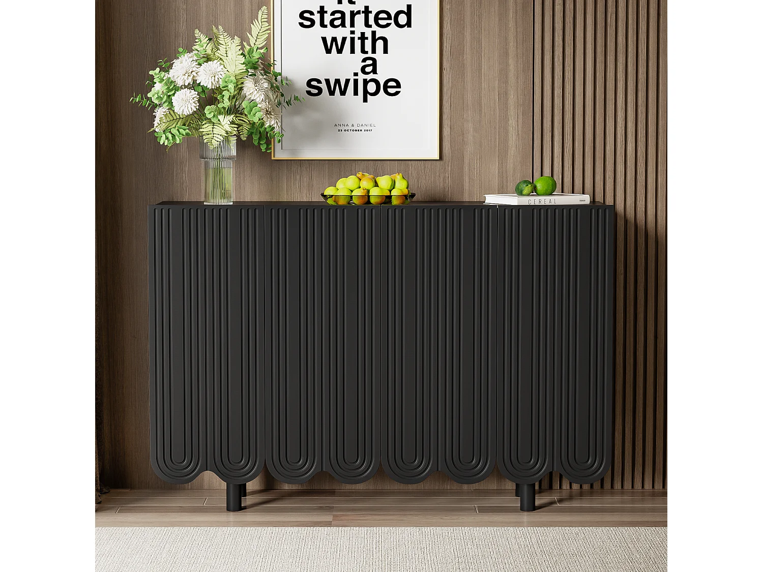 Buffet noir avec 4 portes texturées et pieds cylindriques - pour salon et salle à manger