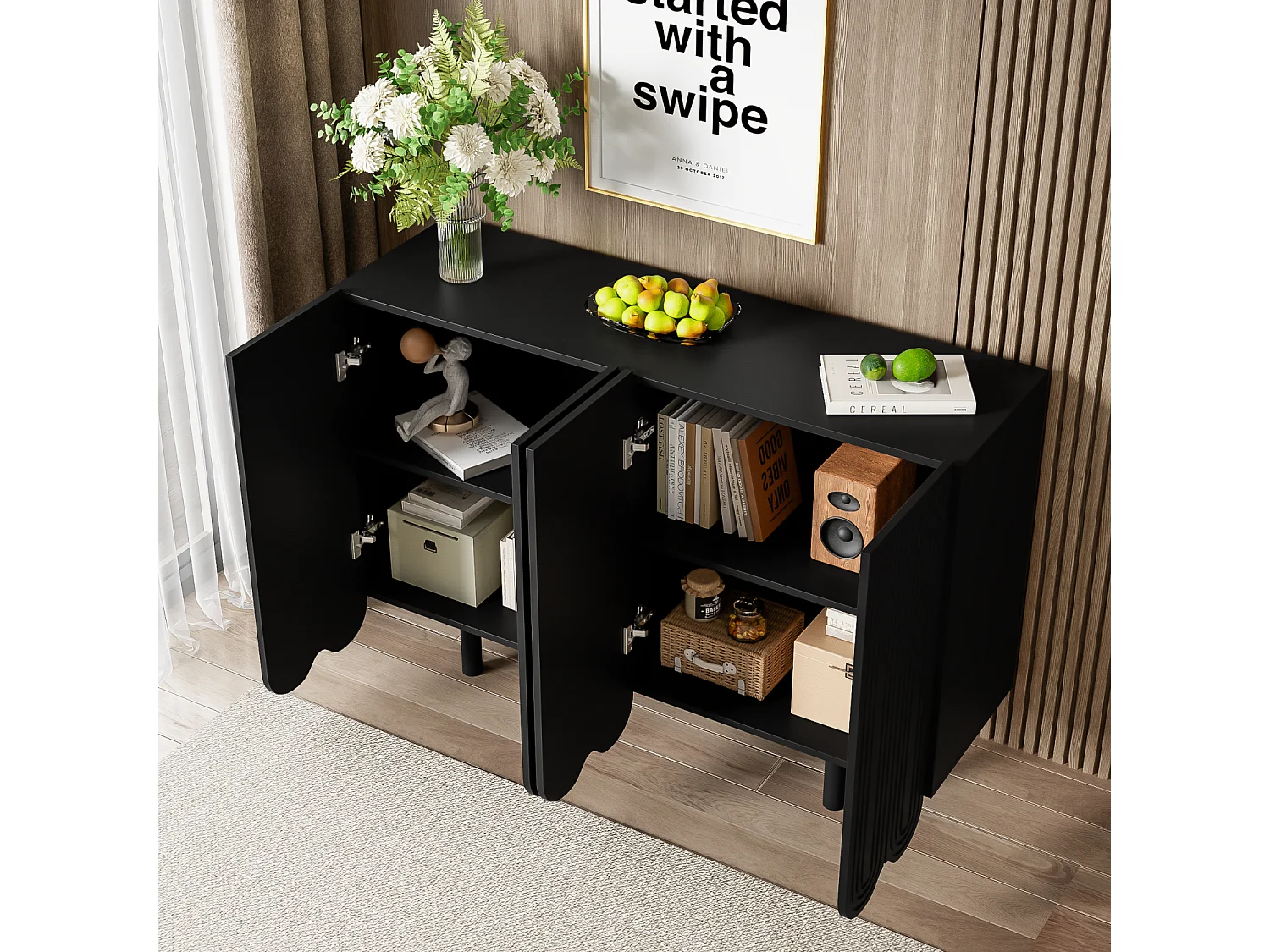 Buffet noir avec 4 portes texturées et pieds cylindriques - pour salon et salle à manger