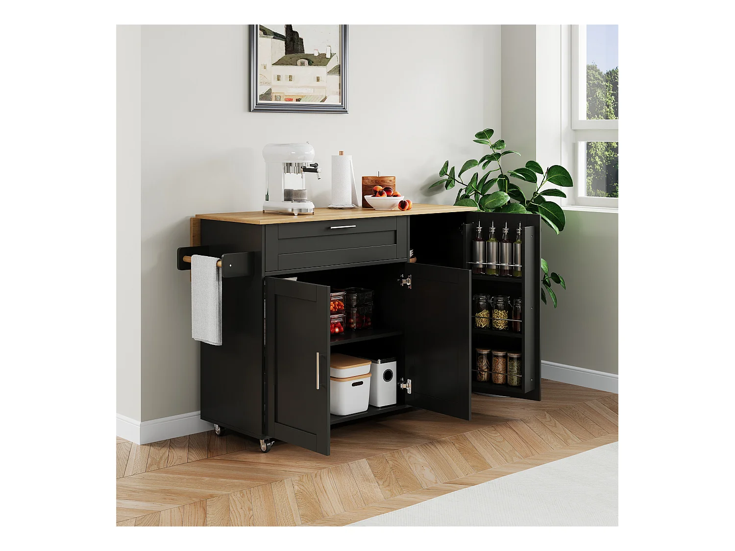 Îlot de cuisine mobile avec plateau pliant et étagère à épices, 5 roulettes - noir