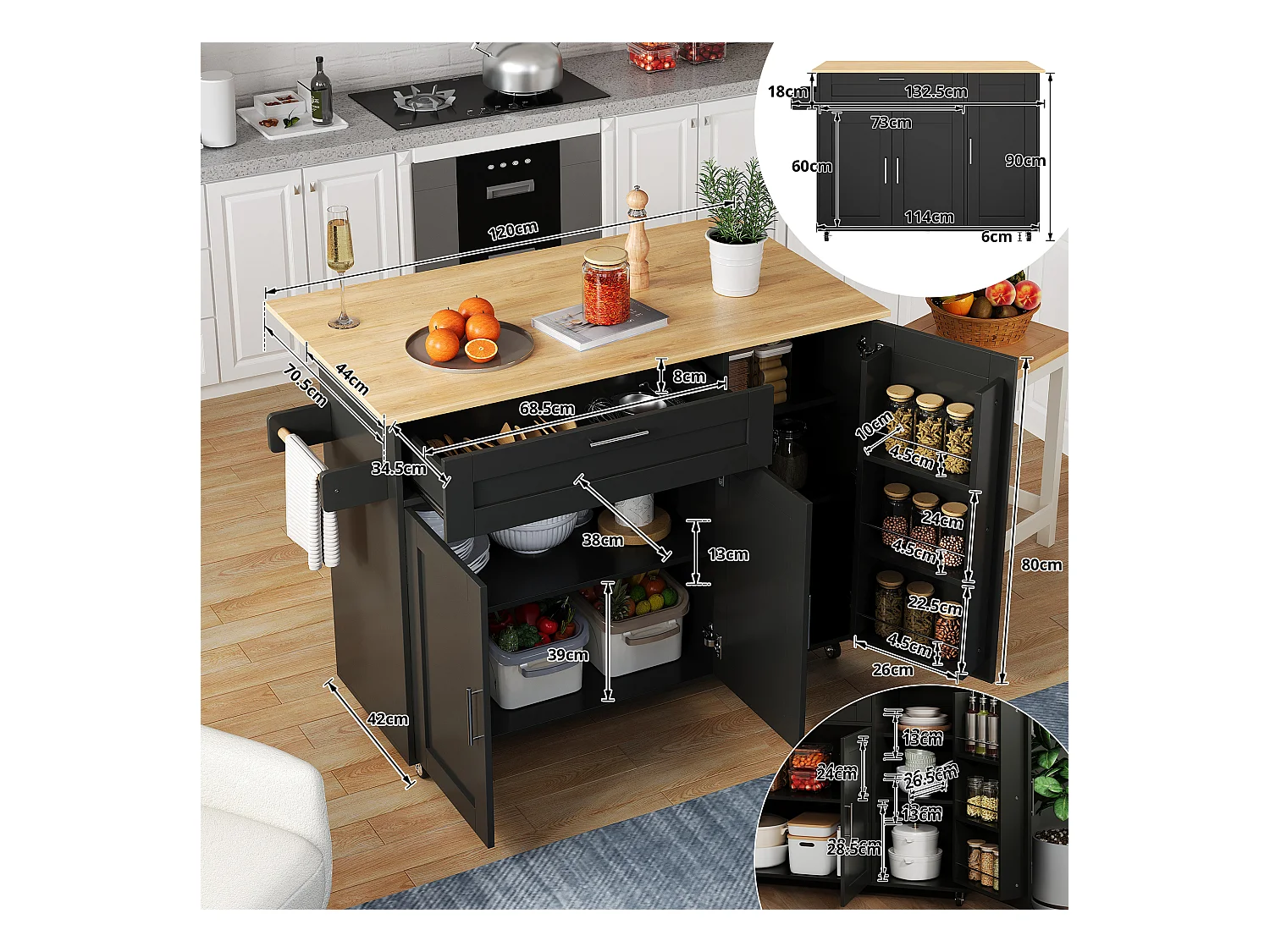 Îlot de cuisine mobile avec plateau pliant et étagère à épices, 5 roulettes - noir