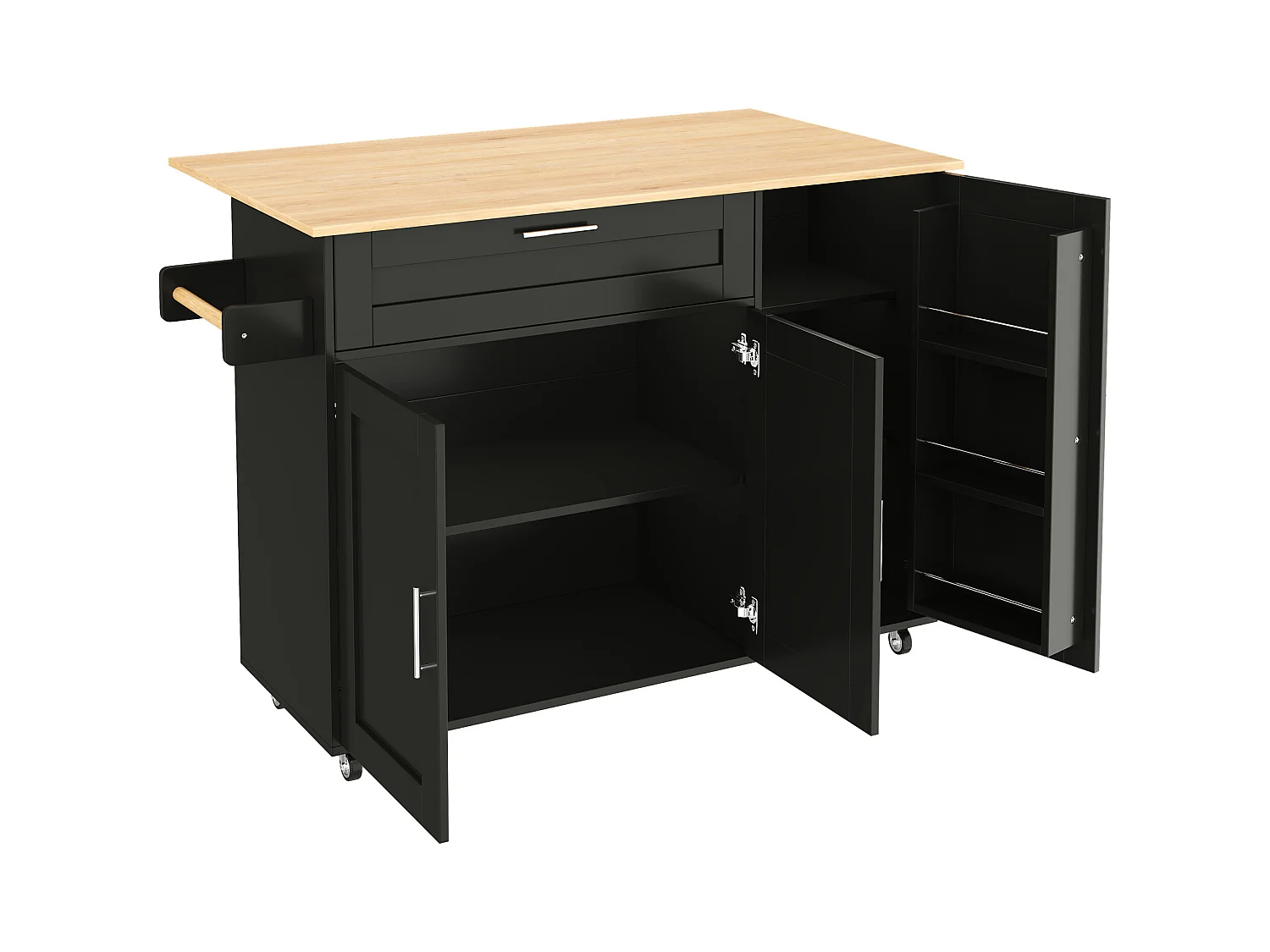 Îlot de cuisine mobile avec plateau pliant et étagère à épices, 5 roulettes - noir