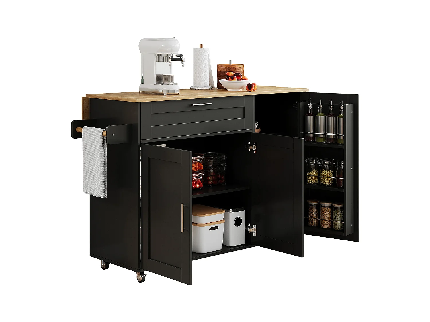 Îlot de cuisine mobile avec plateau pliant et étagère à épices, 5 roulettes - noir