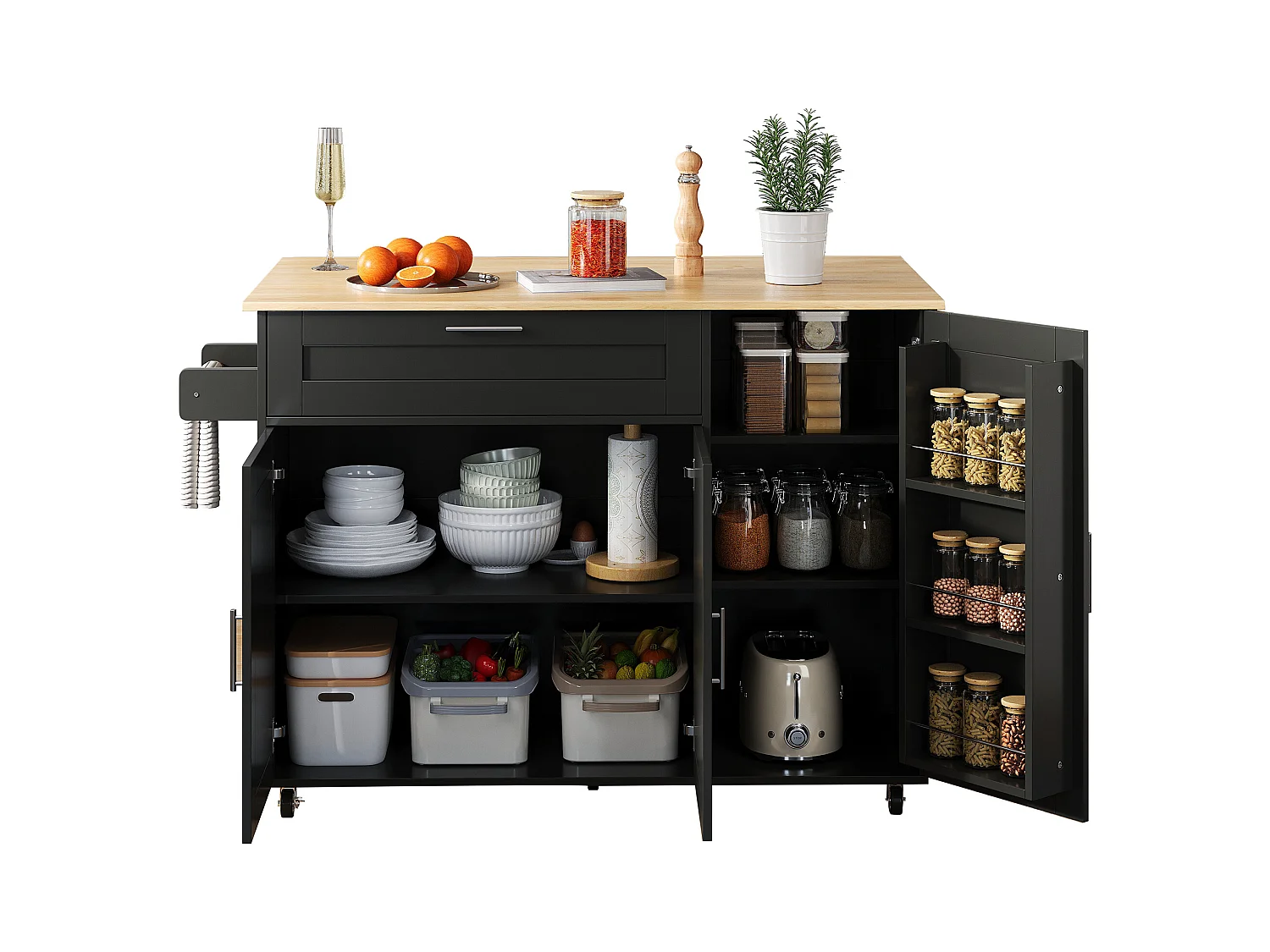 Îlot de cuisine mobile avec plateau pliant et étagère à épices, 5 roulettes - noir