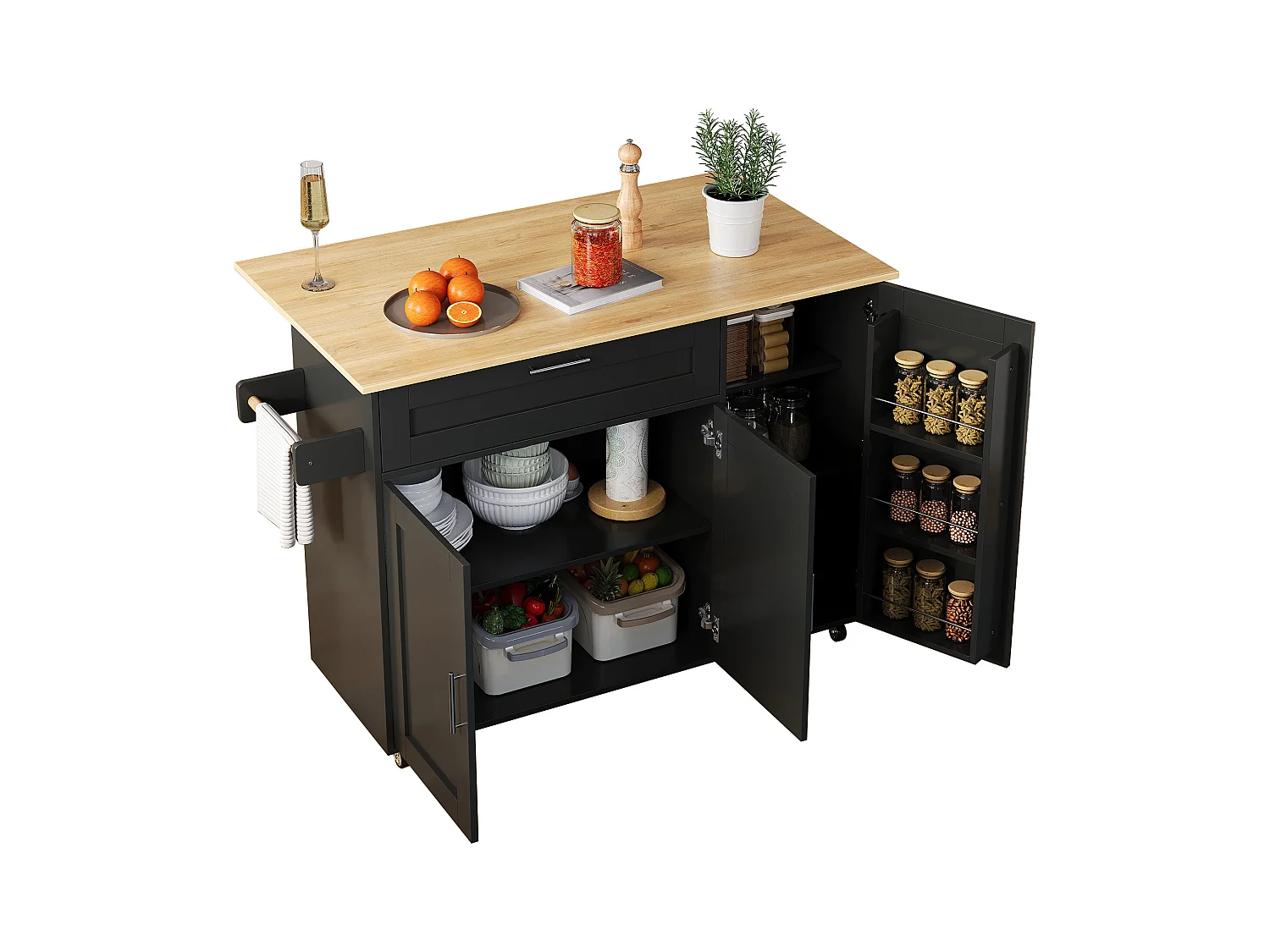 Îlot de cuisine mobile avec plateau pliant et étagère à épices, 5 roulettes - noir