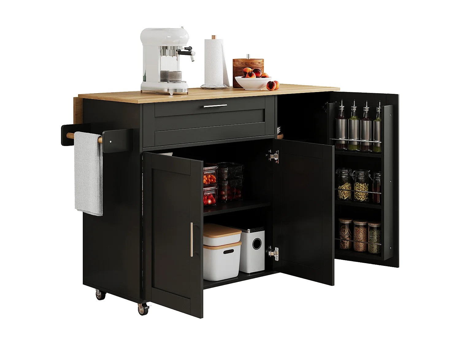 Isola da cucina mobile con piano pieghevole e mensola portasperzie, 5 ruote - nero