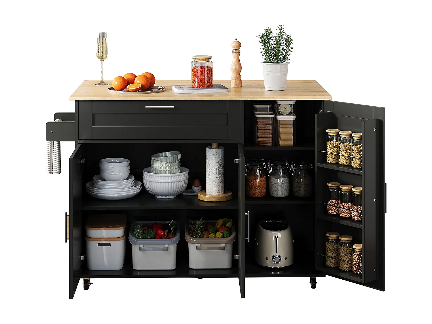 Isola da cucina mobile con piano pieghevole e mensola portasperzie, 5 ruote - nero