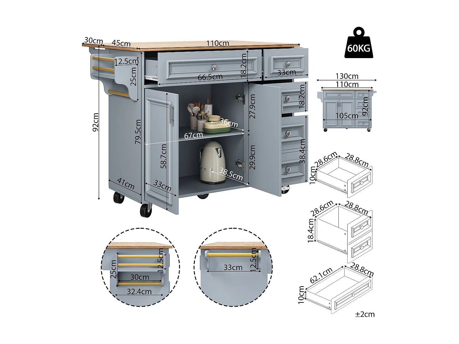 Îlot central bleu avec roulettes et 4 tiroirs de rangement, plateau en bois MDF