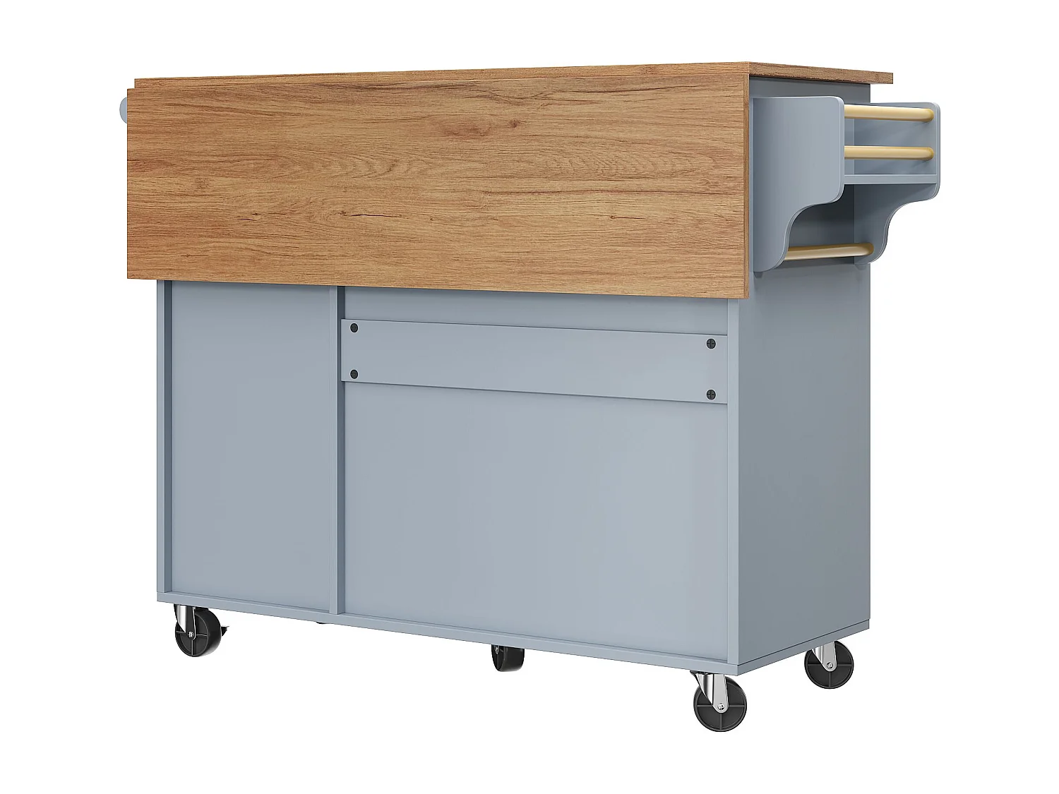 Îlot central bleu avec roulettes et 4 tiroirs de rangement, plateau en bois MDF