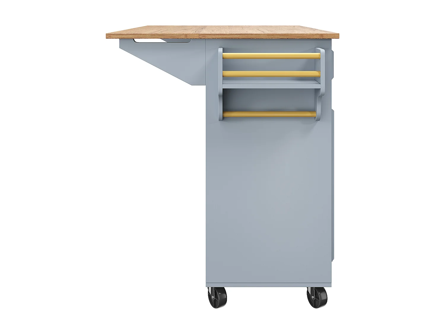 Îlot central bleu avec roulettes et 4 tiroirs de rangement, plateau en bois MDF